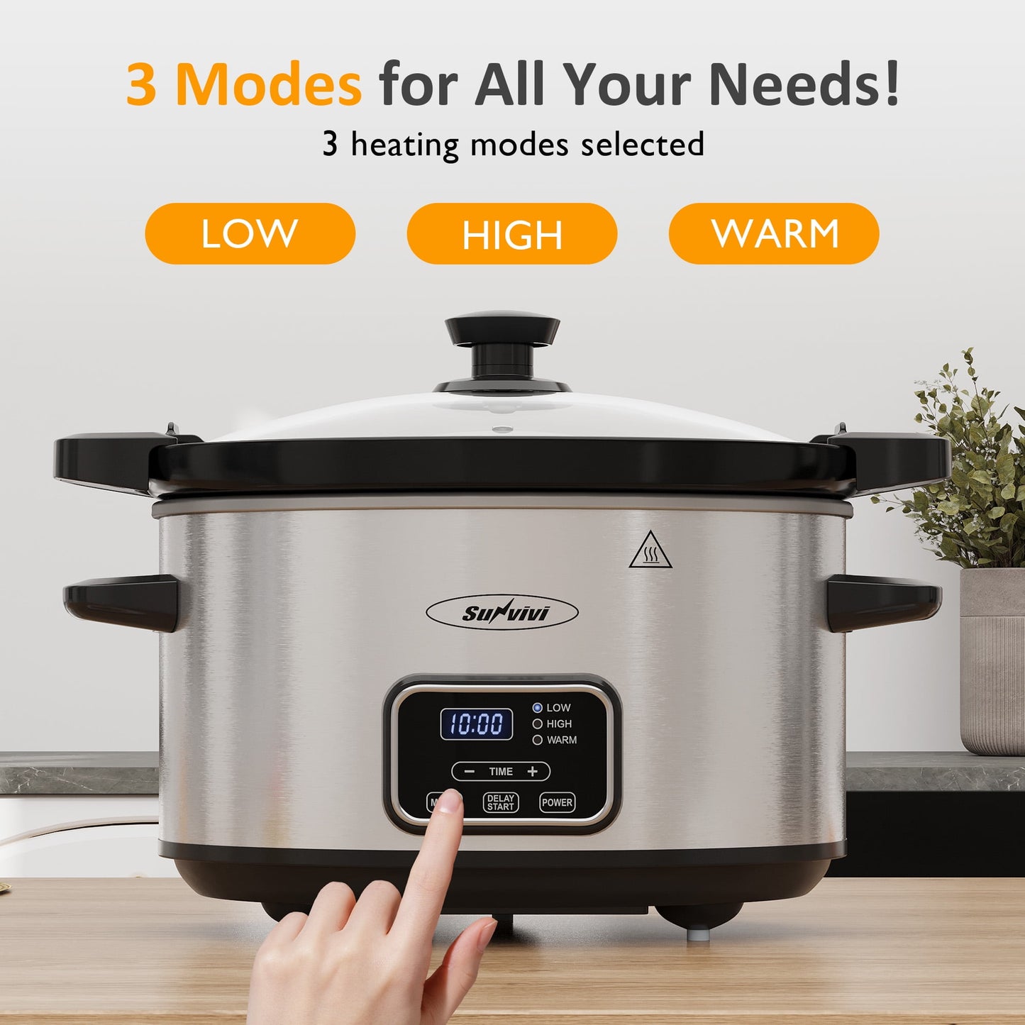 Heynemo 4QT Programmable Slow Cooker with Locking Lid, Removable Ceramic Pot, 3 Heating Settings & Timer, Dishwasher-Safe, Stainless Steel