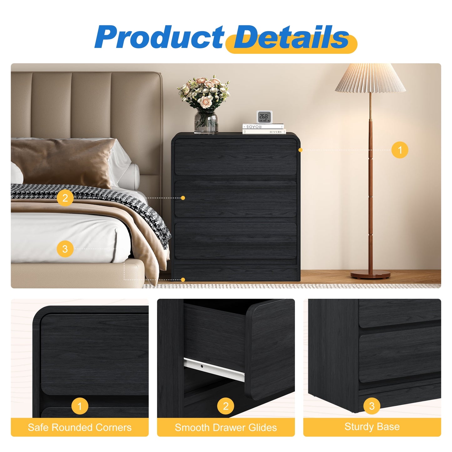 May in Color Black Handle?Free 3?Drawer Dresser Set of 2, Tall Nightstand, Modern Storage Cabinet for Bedroom, Living Room, Office