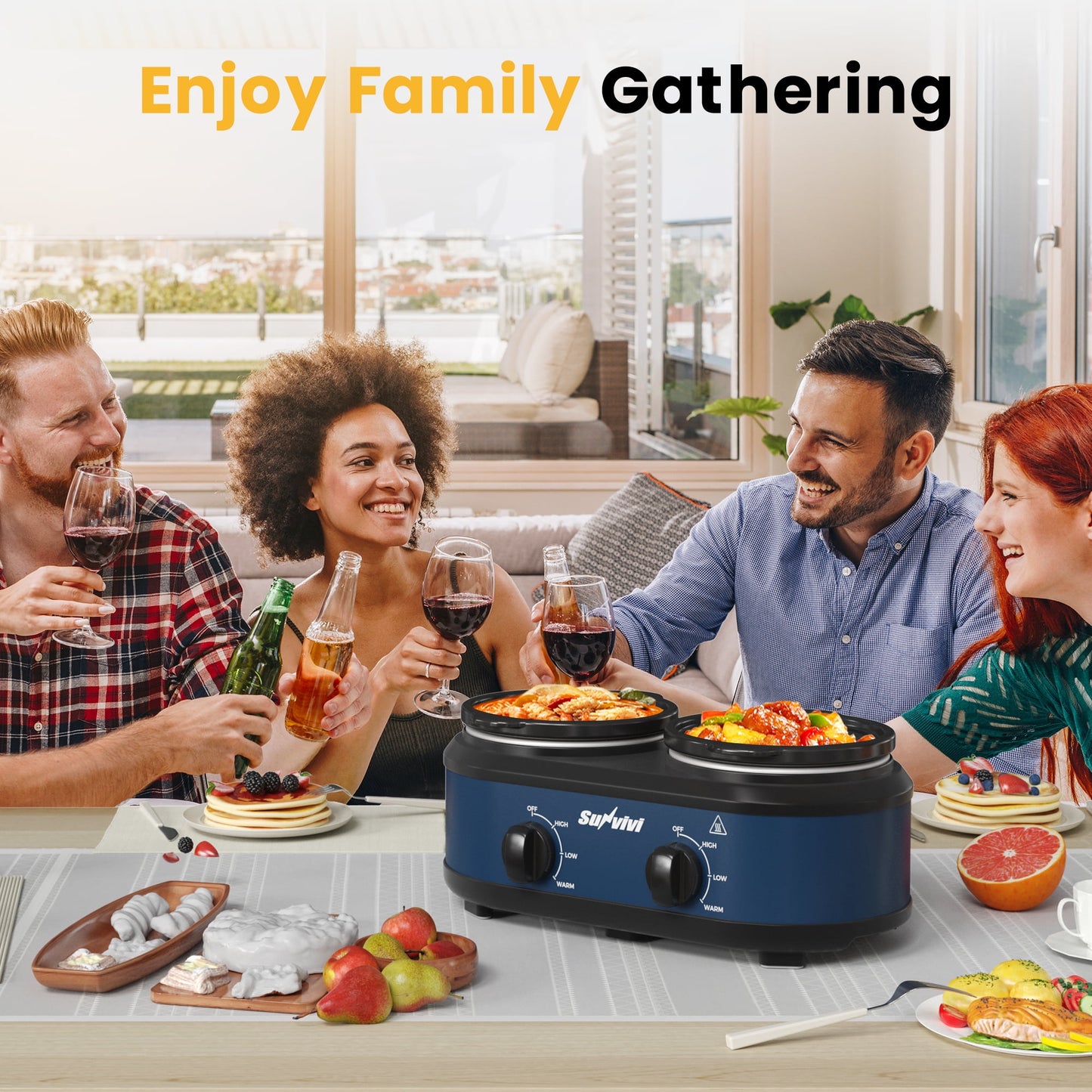 Blue Dual Slow Cooker with 2 Removable Ceramic Pots, 3Adjustable Temp & Visible Glass Lids, Buffet Server & Warmer, 2 x 1.25 QT, Blue, Dishwasher Safe