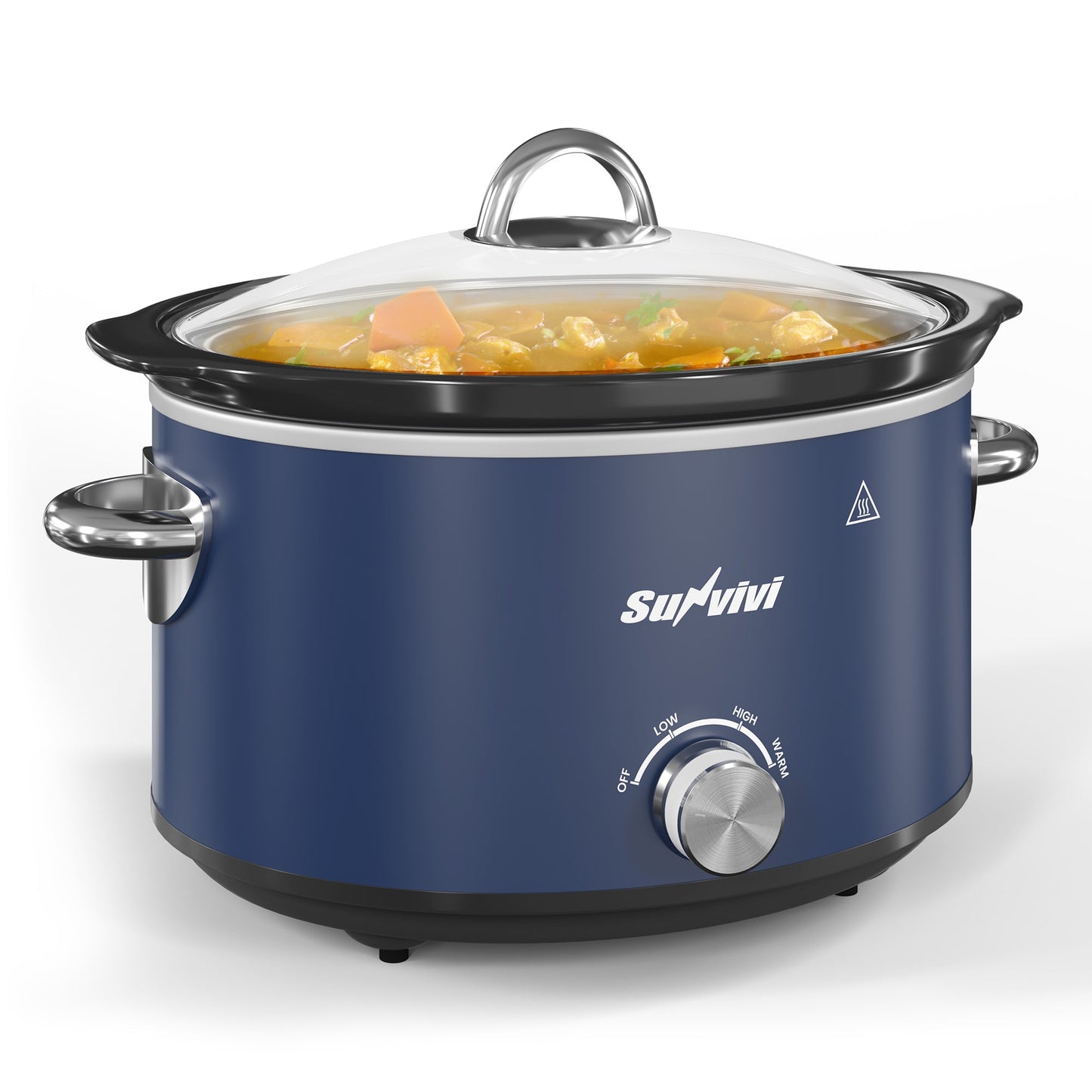 Sunvivi 4QT Compact Slow Cooker & Food Warmer with 3 Temperature Settings, Removable Ceramic Pot, Dishwasher-Safe Glass Lid, Stainless Steel - Blue