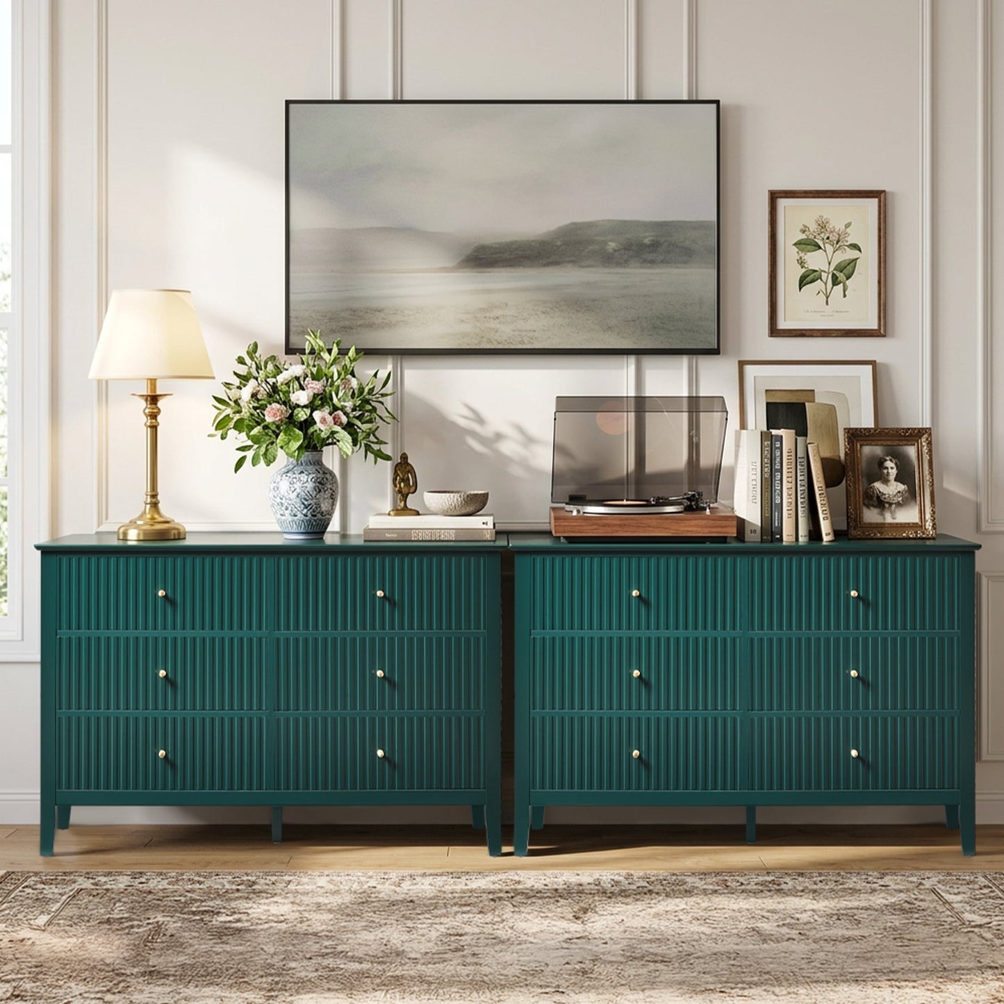 May in Color Fluted 6 Drawer Dresser, Wide Modern Chest of Drawers, Large Wood Storage Cabinet Organizer for Bedroom, Living Room, Hallway, Entryway, Green