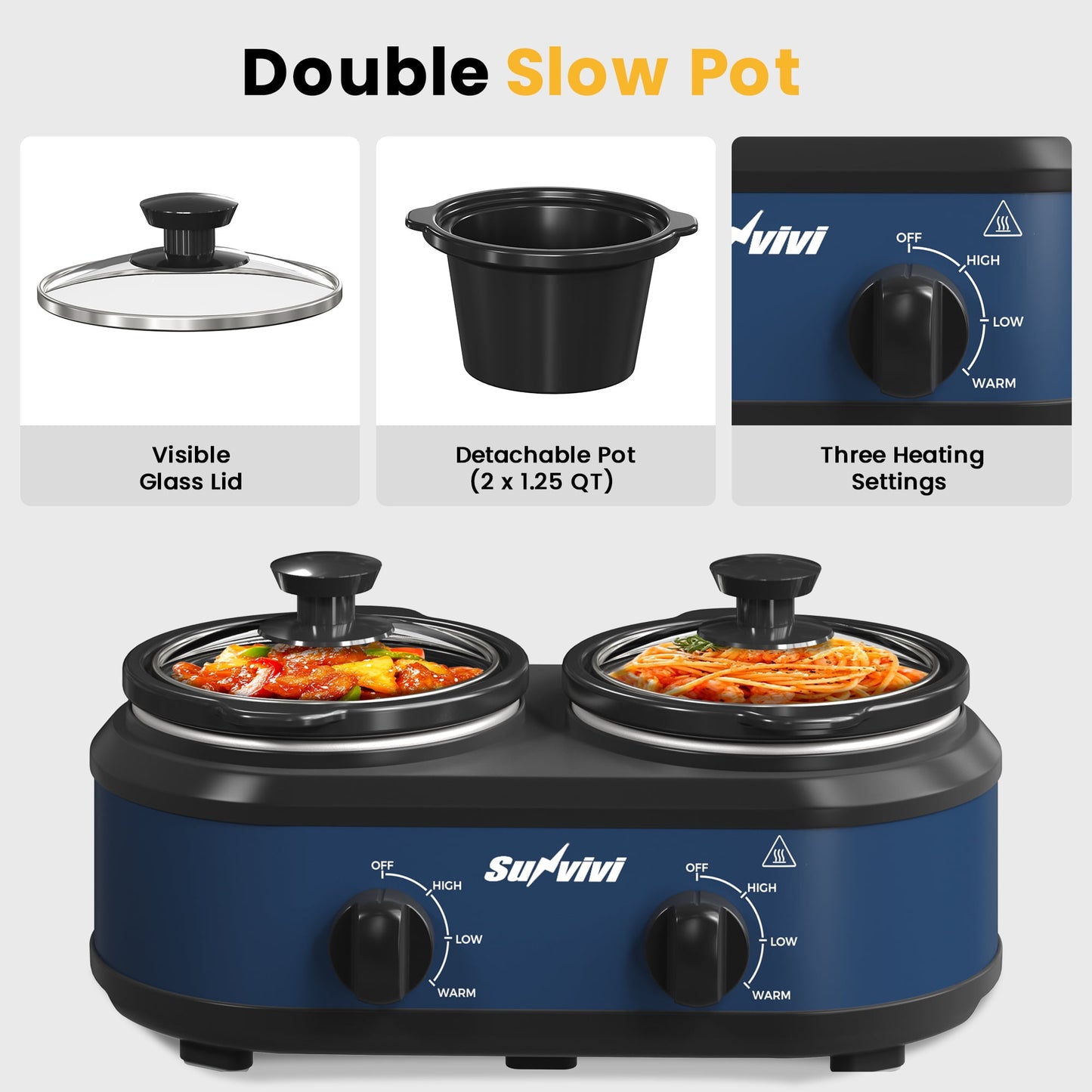 Blue Dual Slow Cooker with 2 Removable Ceramic Pots, 3Adjustable Temp & Visible Glass Lids, Buffet Server & Warmer, 2 x 1.25 QT, Blue, Dishwasher Safe