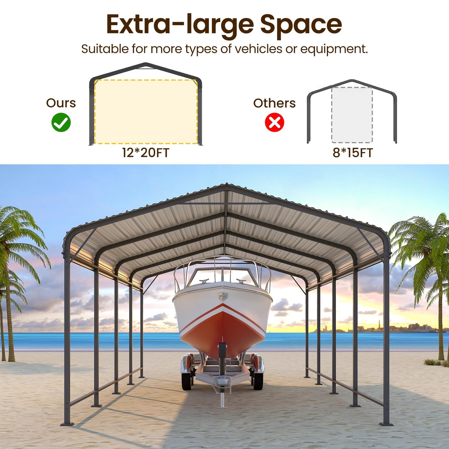 Heynemo 12x20 FT Heavy Duty Metal Carport with Updated Roof & Enhanced Base, Multi-Use Carport Garage for Car, Truck, Boat, Tractors, Party, Grey
