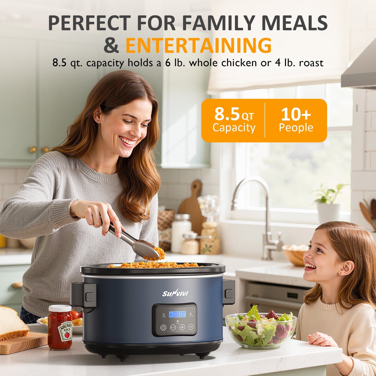 Sunvivi 8.5 Quart Programmable Slow Cooker with Locking Lid, Digital Timer, Dishwasher Safe, Blue