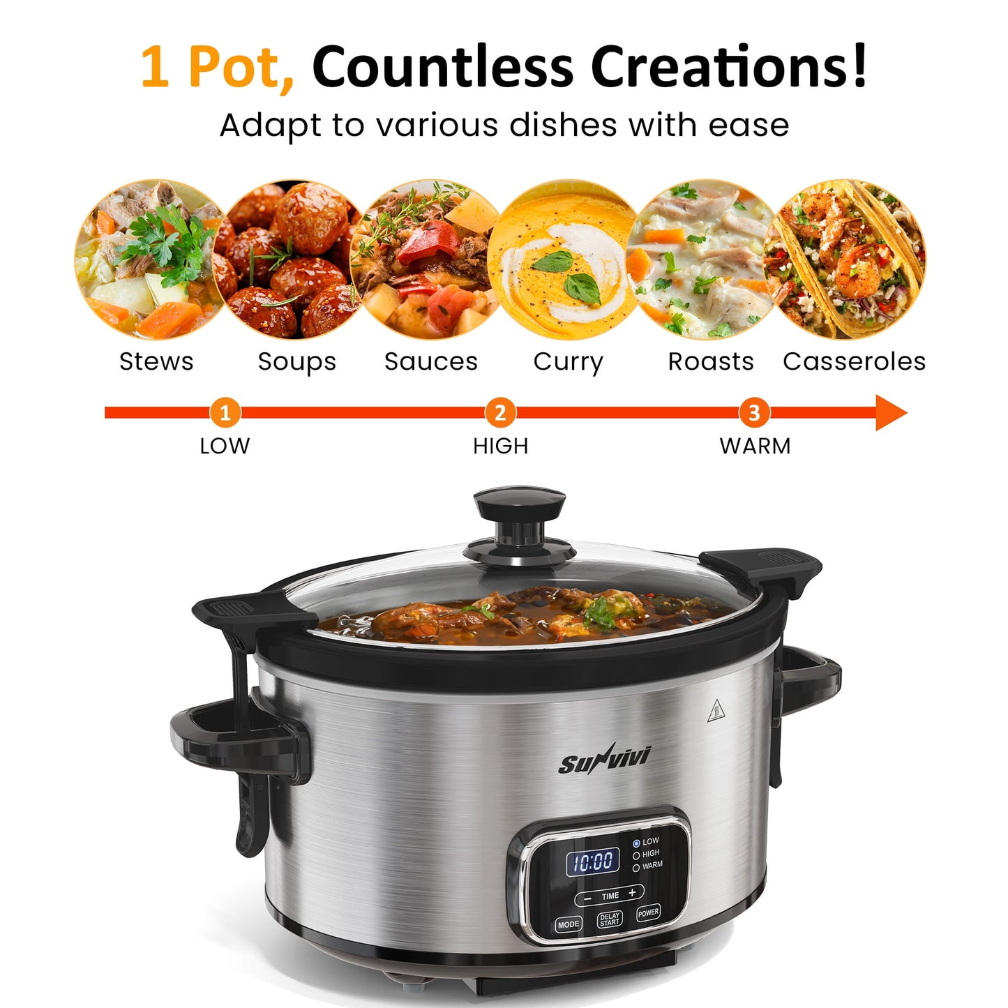 Heynemo 4QT Programmable Slow Cooker with Locking Lid, Removable Ceramic Pot, 3 Heating Settings & Timer, Dishwasher-Safe, Stainless Steel