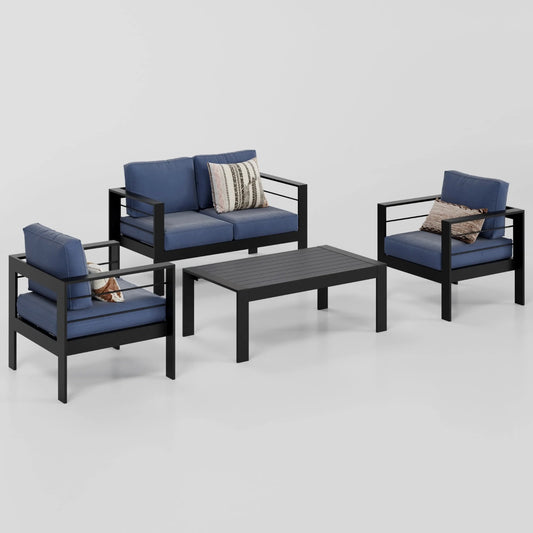 Heynemo Superjoe 4 Pcs Outdoor Aluminum Furniture Set All-Weather Patio Sectional Chat Sofa Conversation Set Loveseat Coffee Table Black Frame Blue Cushion