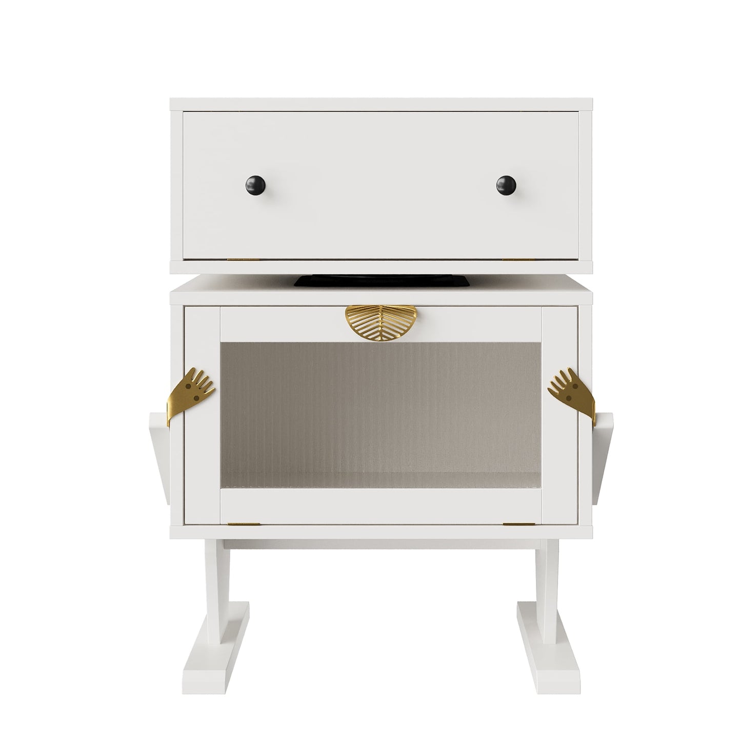 Heynemo White Nightstand with LED Light Strips 360¡ã Rotating Drawer, Modern End Table with Glass Door Storage, Wood Bedside Table Cabinet for Living Room, Bedroom