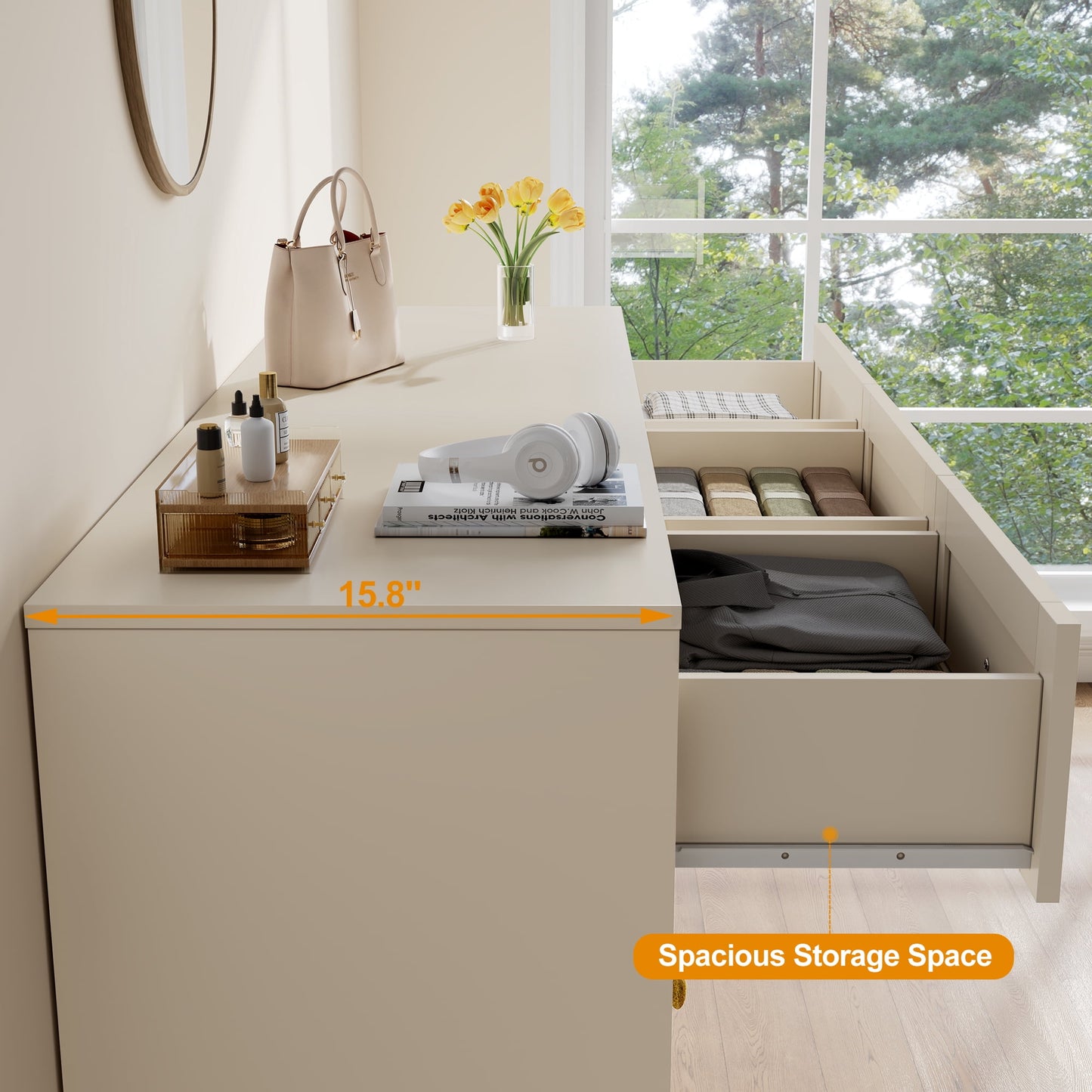 Heynemo Dresser for Bedroom with 7 Drawers, Wood Drawer Organizer for Bedroom, Living Room, Hallway, Beige