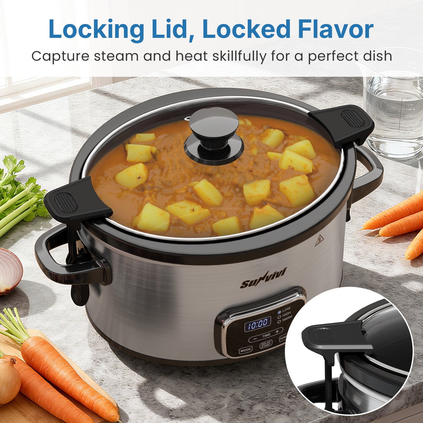 Sunvivi 4QT Programmable Slow Cooker with Locking Lid, Removable Ceramic Pot, 3 Heating Settings & Timer, Stainless Steel, Silver