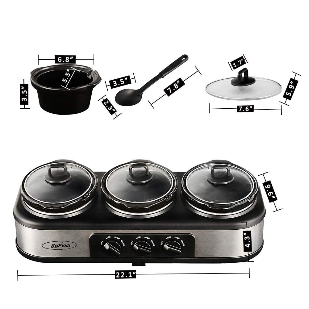 Superjoe r 3x1.5 Quart 3 Basins Removable Ceramic Pots Food Warmer Stainless Steel Triple Slow Cooker Buffet Serve
