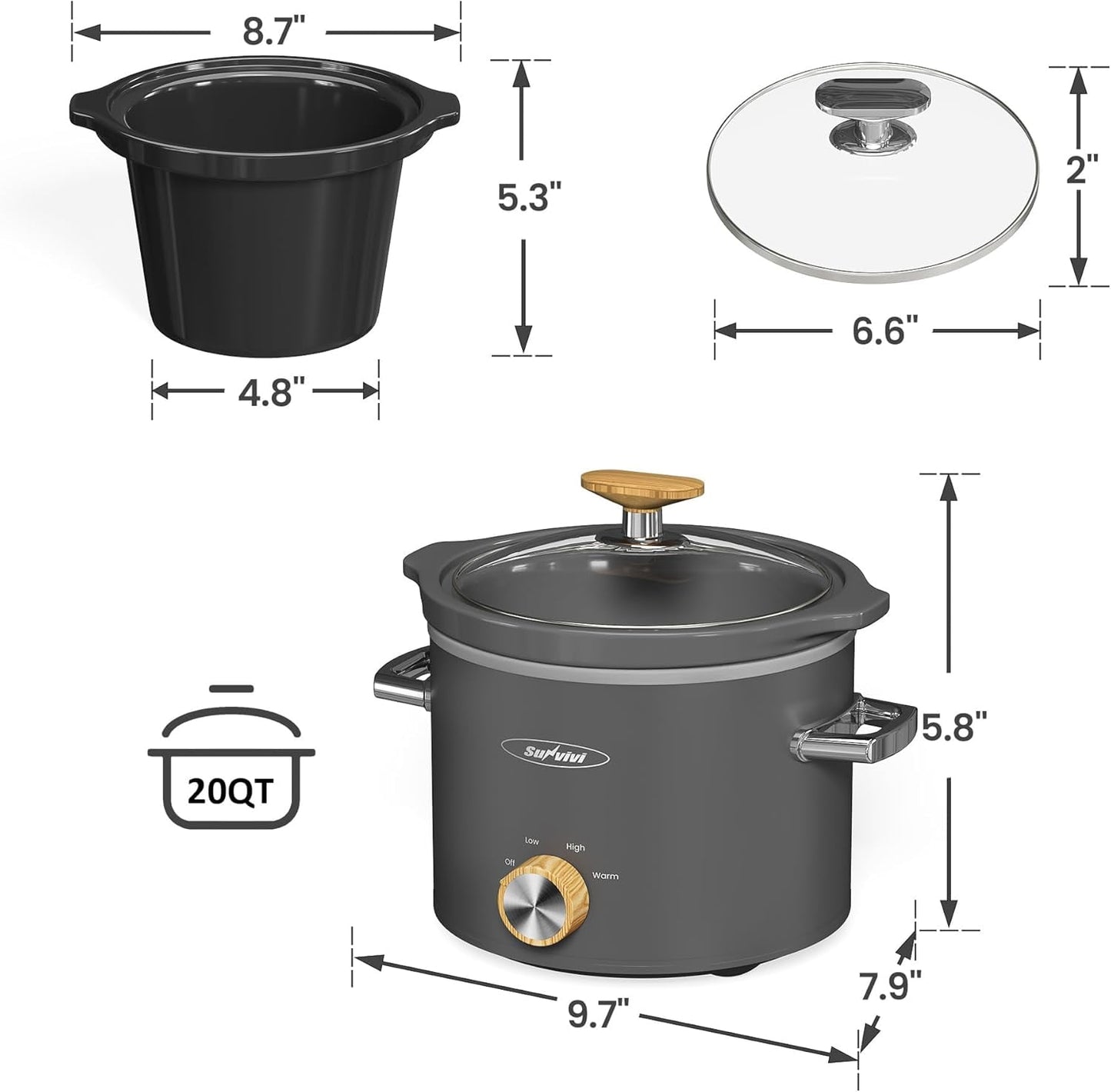 Superjoe 2 Quart Slow Cooker, Small Slow Cooker with Removable Ceramic Pot, Slow Cooker Food Warmer with 3 Heating Settings & Dishwasher Safe Glass Lid, Grey