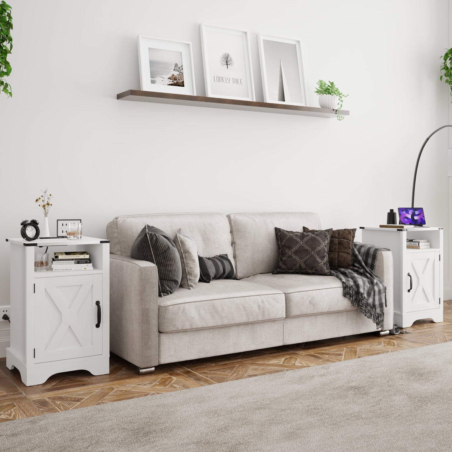 Superjoe 2Pcs Farmhouse Nightstand with Charging Station, Wooden Rustic Tall Bedside Table, End Table with Storage Shelf & Shelf for Bedroom, Living Room, White