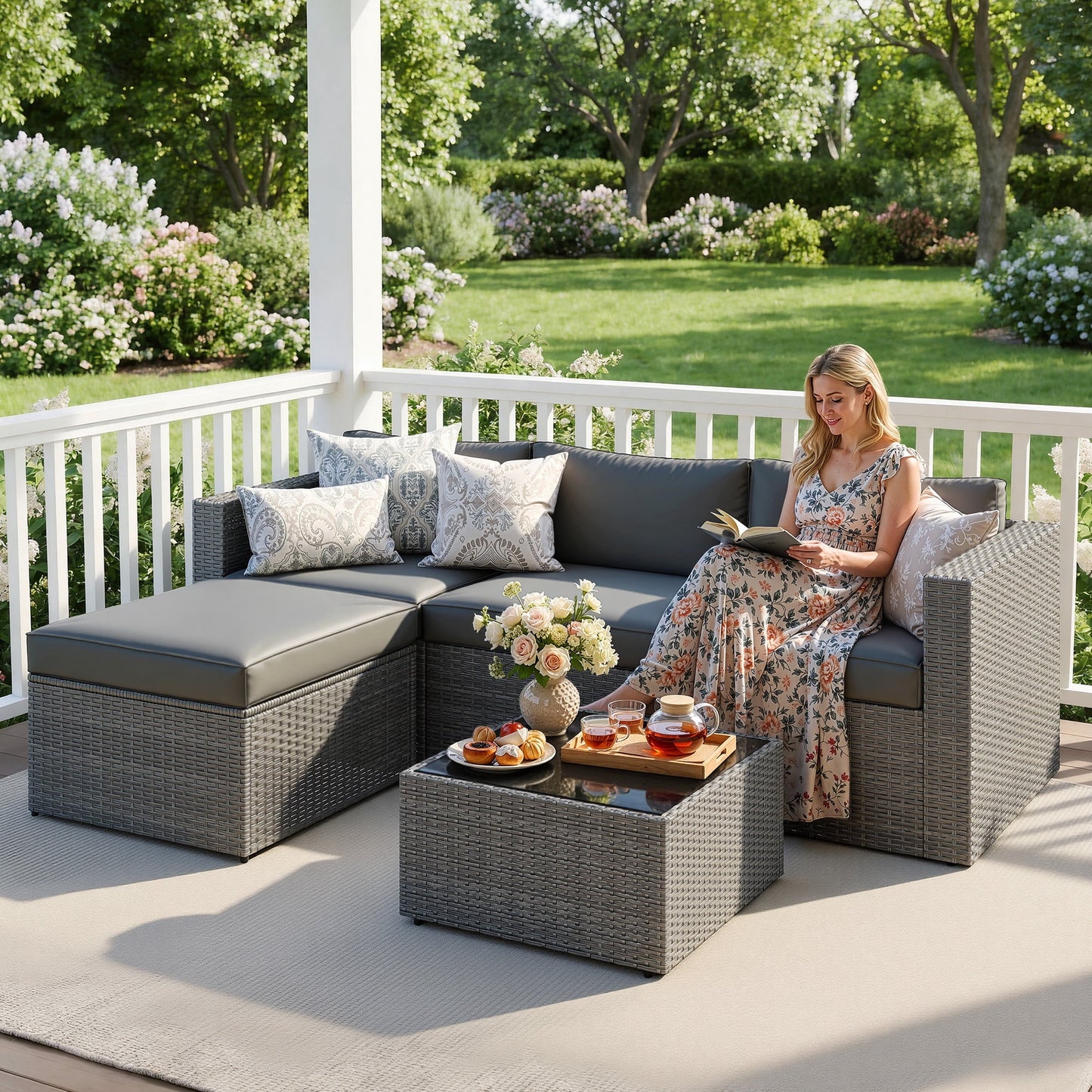 CozyHome 5-Piece Patio Rattan Furniture Set, Wicker Outdoor Sectional Sofas with Ottoman and Coffee Table, Grey