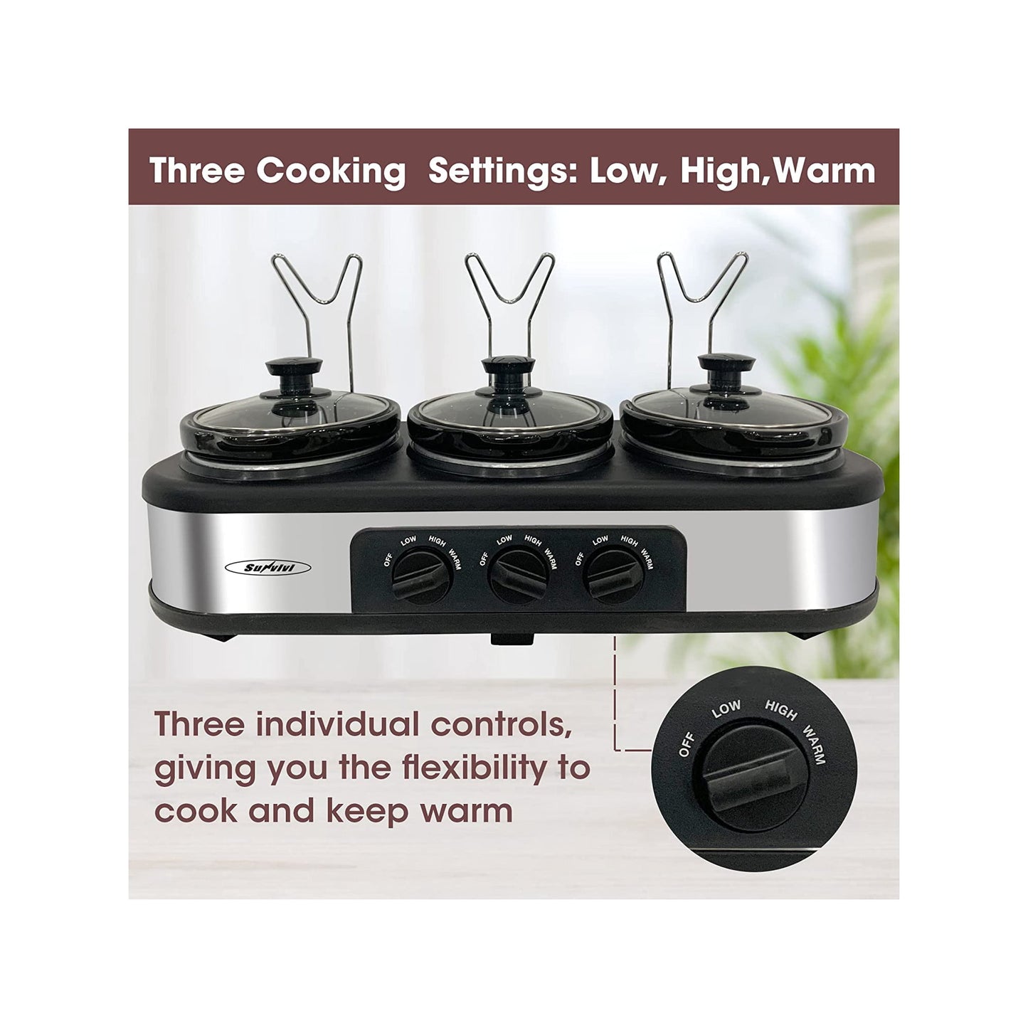 Superjoe Triple Slow Cooker 3x1.5 Quart Electric Food Warmer Pot Buffet Server, Adjustable Temp Removable Ceramic Pots Lid Rests