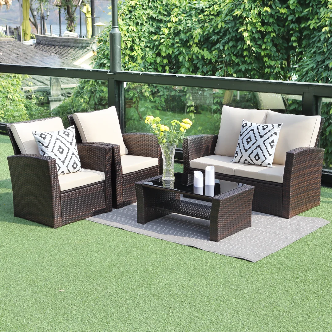 All-Weather Outdoor Patio Furniture Set - 4-Piece Wicker Rattan Sectional Conversation Set with Table and Cushions, Gray
