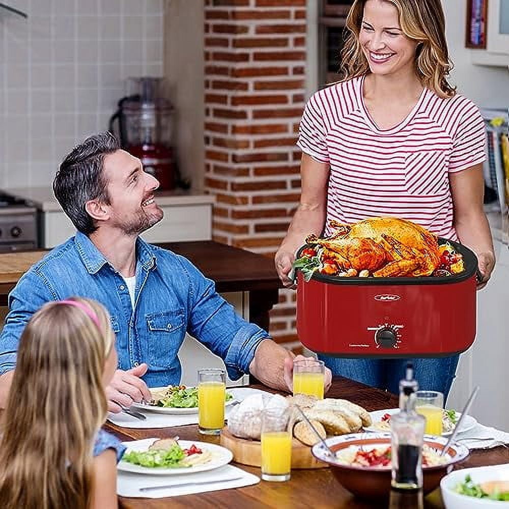 Sunvivi 26QT Electric Turkey Roaster Oven with Visible Glass Lid,Removable Pan & Rack, Stainless Steel,Red