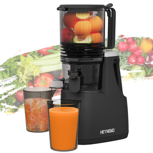 Heynemo Cold Press Juicer Machine, 5.9" Wide Feed Chute, Masticating, Dual-Layer Strainer - Black