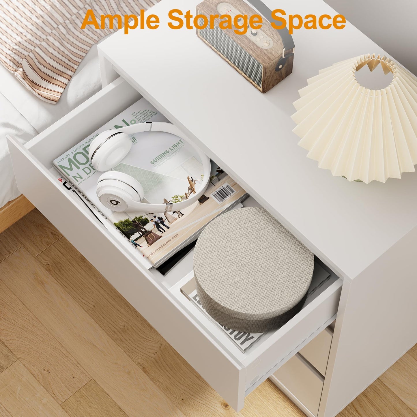 May in Color White Nightstand Set of 3, Bedroom End Table with 3 Drawers, Bedside Table