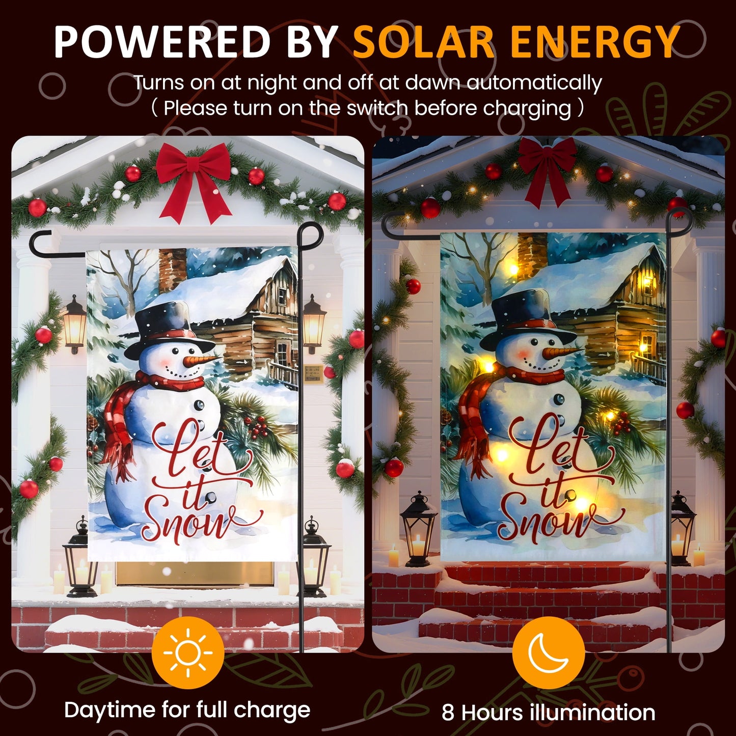 Heynemo Christmas Solar Garden Flag with Lights, LED 12"x18" Double-Sided Snowman Yard Flag,  Snowman Garden Decoration for Lawn, Porch, Path