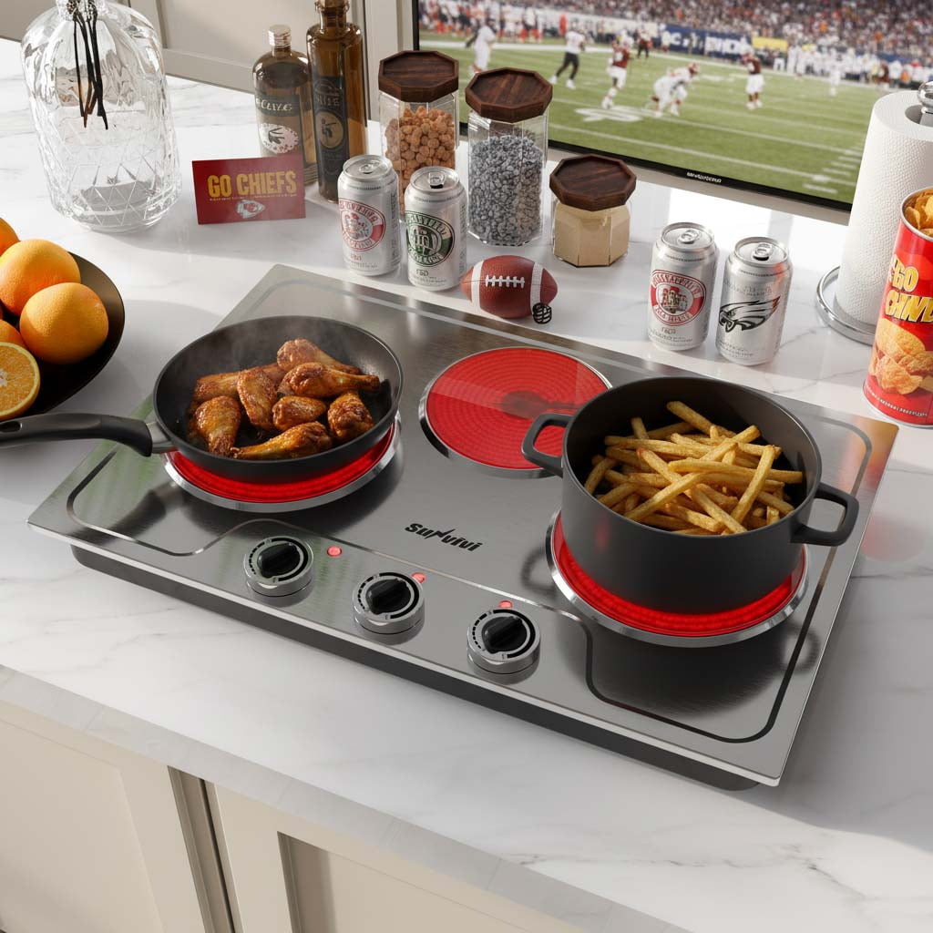 Sunvivi 1800W Three-burner portable electric ceramic stove - knob control, indicator light, compatible with all cookware, suitable for a variety of cooking scenarios, silver