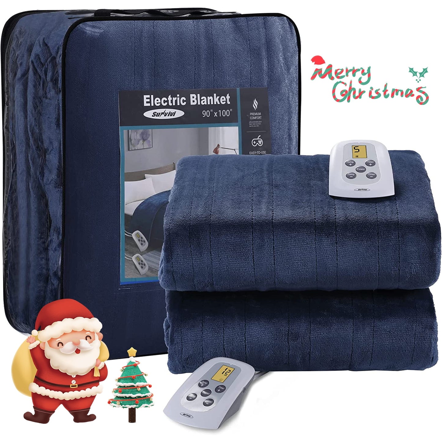 Electric Blanket King Size with Dual Controllers,10 Heating Levels& 12 hours Auto-off,Overheat Protection,Blue-2