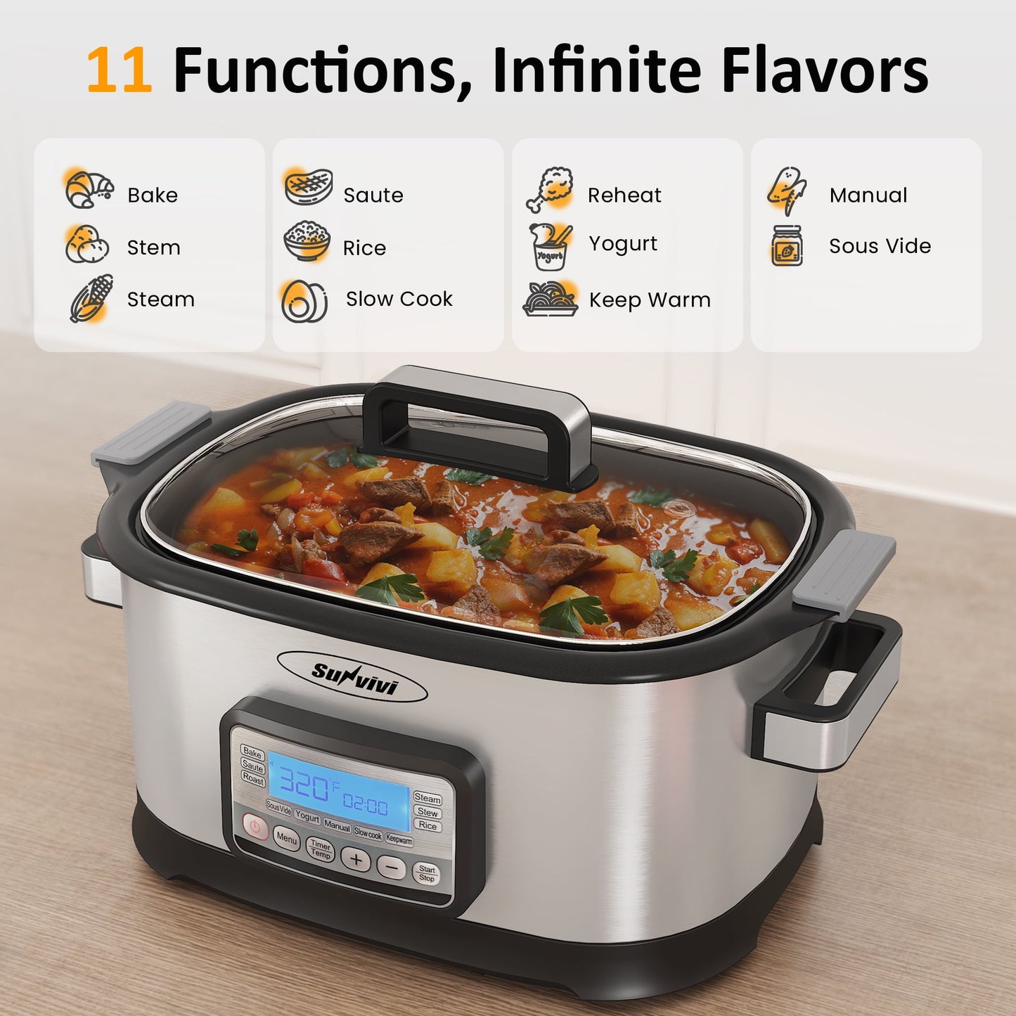 Sunvivi 6.5 Quart Slow Cooker,11 in 1 programmable Multi-Cooker Food Warmer with Digital Timer, Temp Control