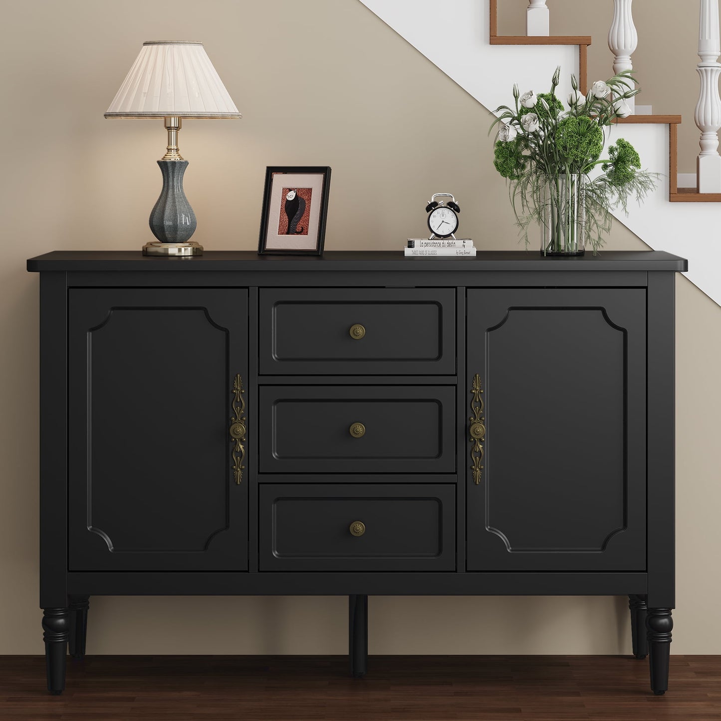 Heynemo Storage Cabinet with 2 Doors & 3 Drawers, Sideboard Cabinet with Adjustable Shelves, Ideal for Entryway, Living Room, Dining Room, Black