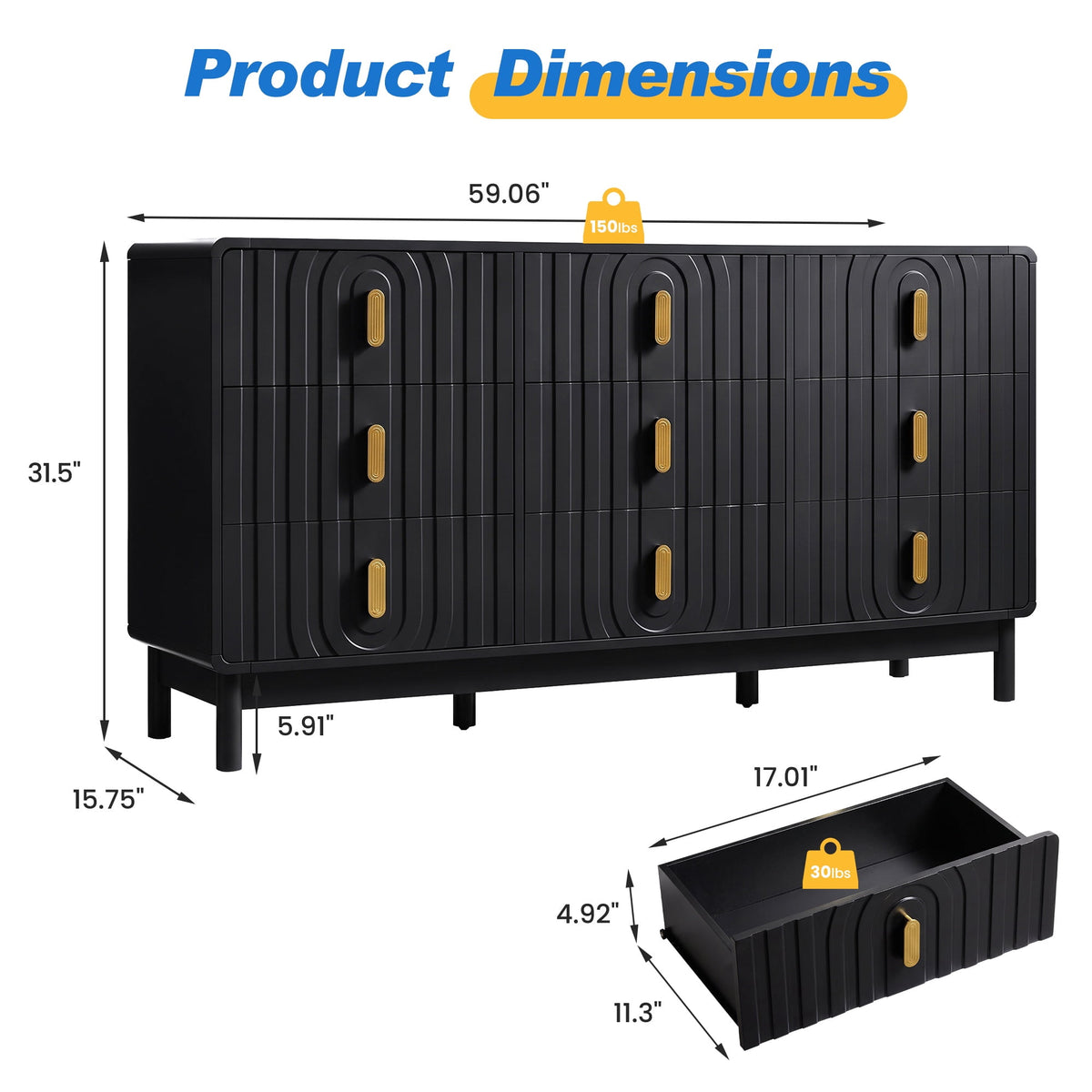Heynemo Fluted Chest of 9 Drawers, Black Modern 9 Drawer Dresser with Gold Metal Handles, Wide Storage Dresser Cabinet for Bedroom Living Room