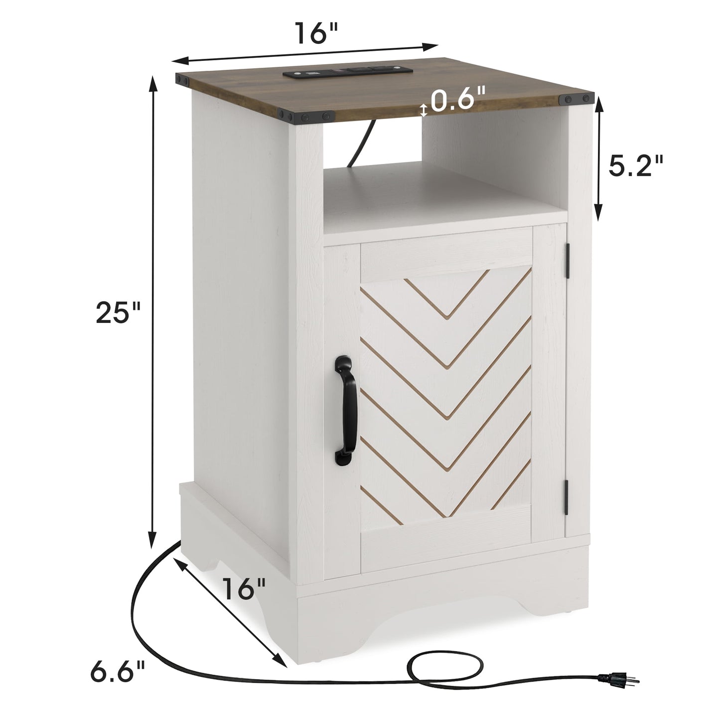 Superjoe Farmhouse Nightstand w/Charging Station, Wooden Rustic Tall Bedside Table, End Table w/Storage Shelf & Shelf for Bedroom, Living Room, Wood-Tone White