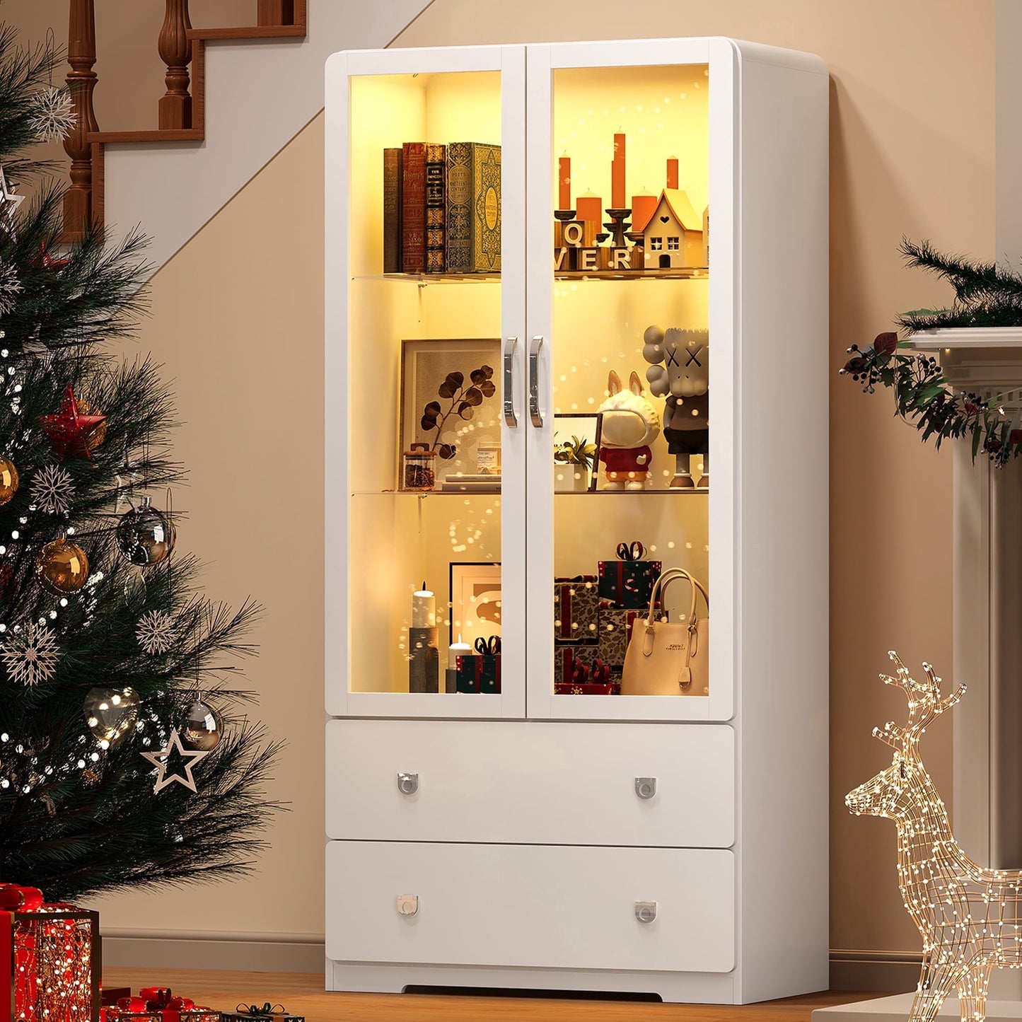 Heynemo 64'' Tall Display Cabinet with Acrylic Doors and LED Lights, White