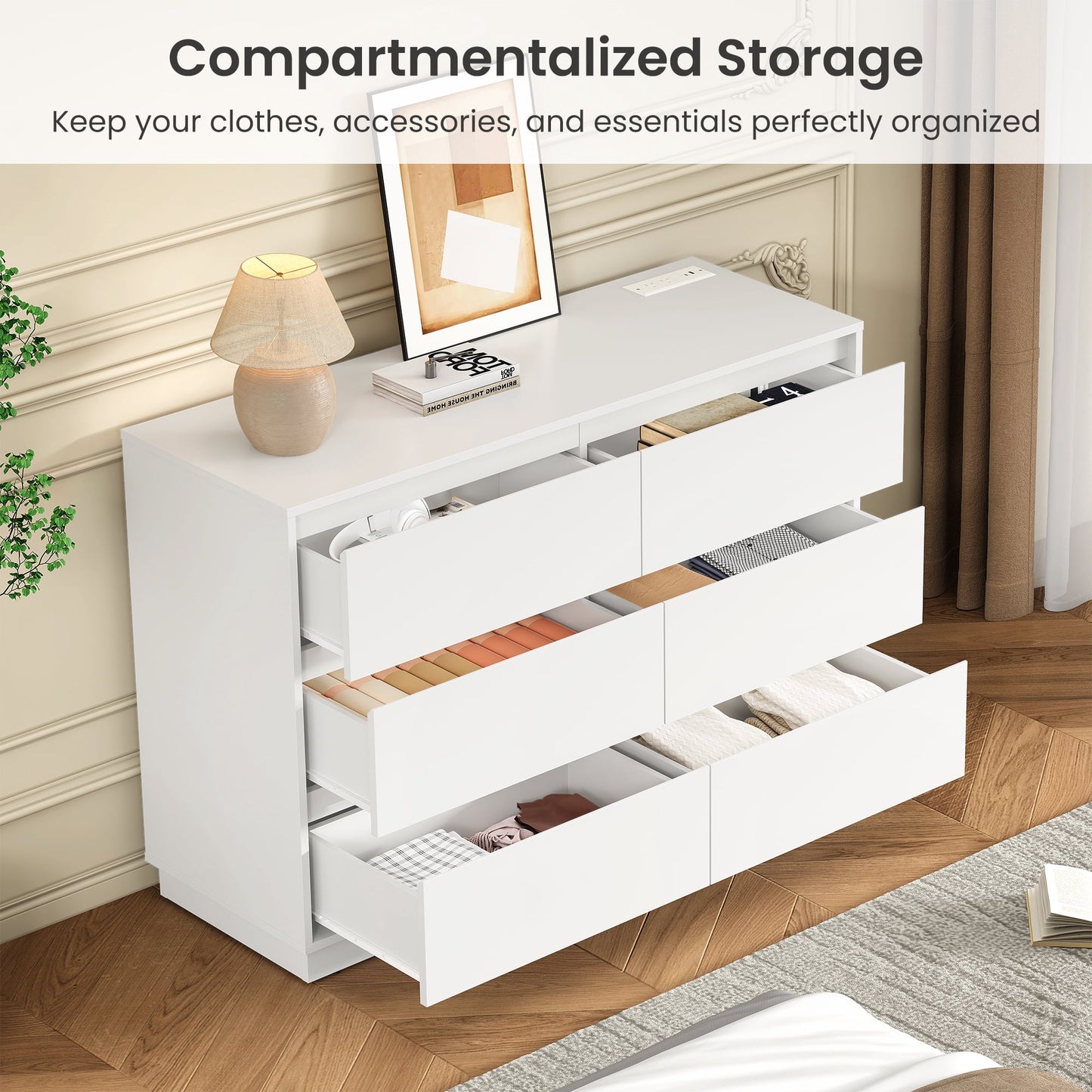 Heynemo Dresser with 6 Drawers for Bedroom, Chest of Drawer with Charging Station for Living Room, White
