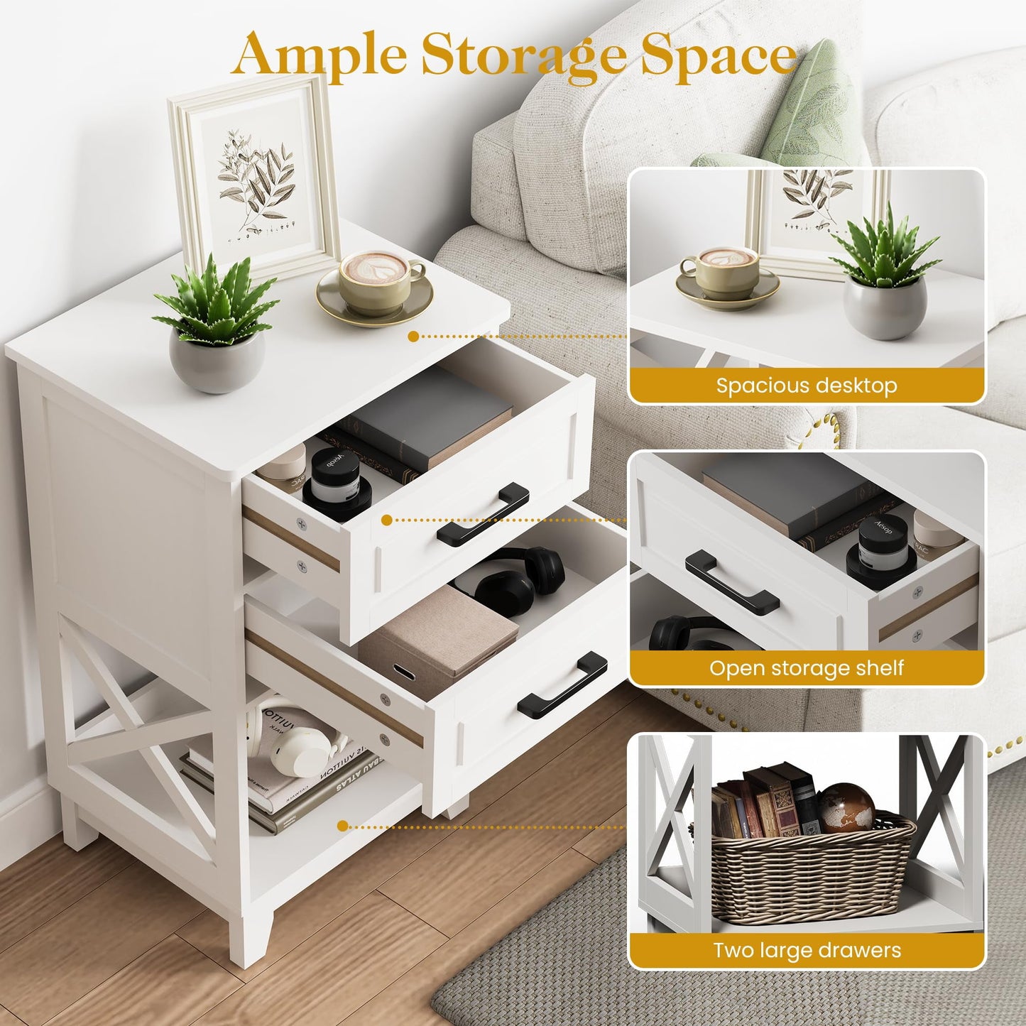 May in Color Tall Nightstand, Side Table with 2 Drawers and Open Shelf Below, for Bedroom, Living Room, Home Office, White