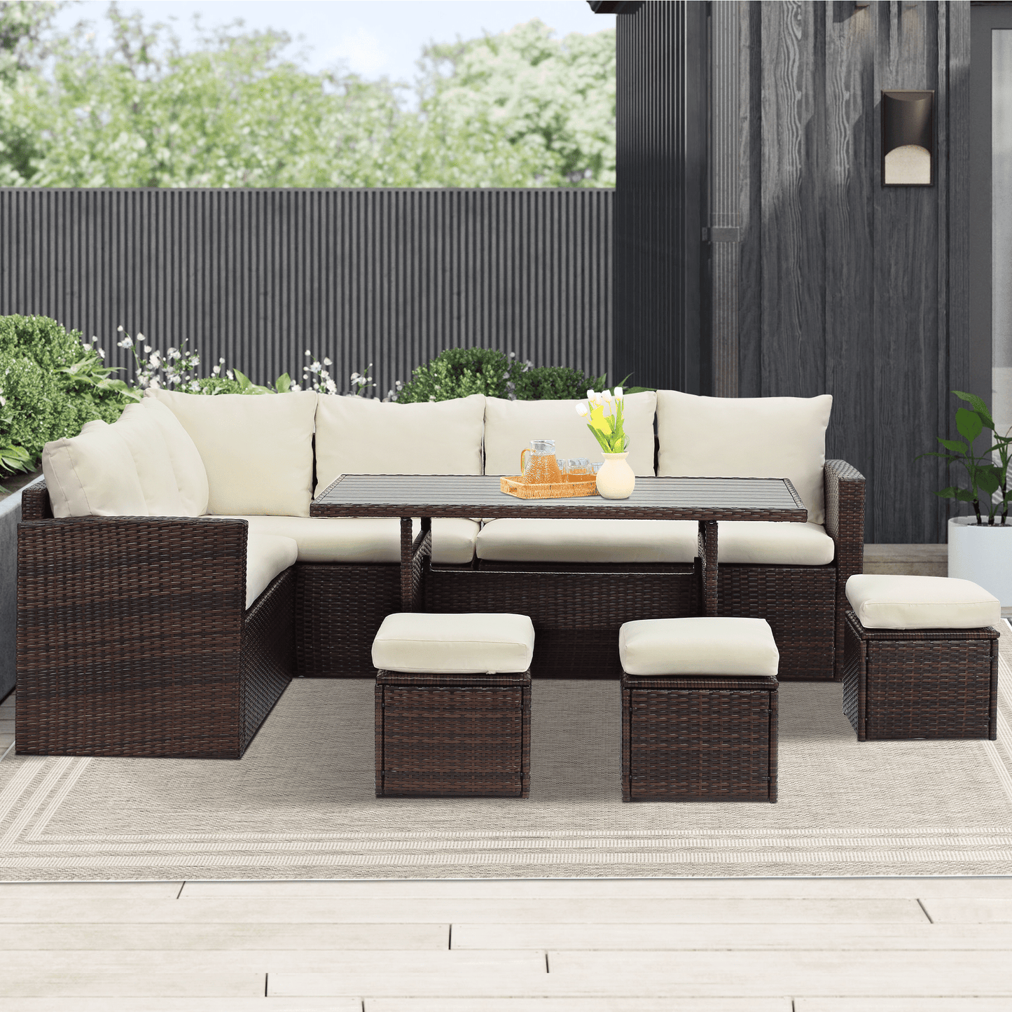 Heynemo 7 Piece Outdoor Patio Furniture Set, Dining Sectional Sofa with Dining Table and Chair, All Weather Wicker Conversation Set with Ottoman, Beige