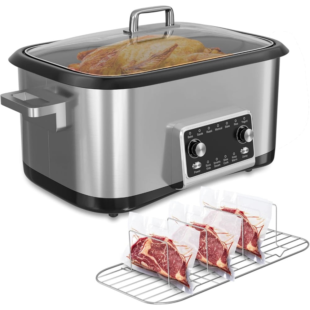 8 Quart 12-IN-1 Multi Cooker, Digital Programmable Slow Cooker with LED Display & Timer, 1250W Rice Cooker with Nonstick Inner Pot for Bake, Saute, Roast, Stew, Sous Vide, Dishwasher Safe, Silver