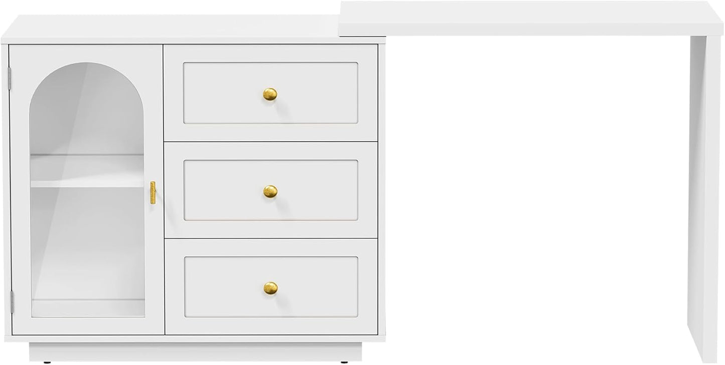 RoyalCraft 59?¡À Large Extendable Makeup Vanity Desk, Corner Vanity Table with 3 Drawer & 1 Door, Modern Dressing Table and Chest of Drawers Combo, Accent Vanity for Bedroom, Dressing Room