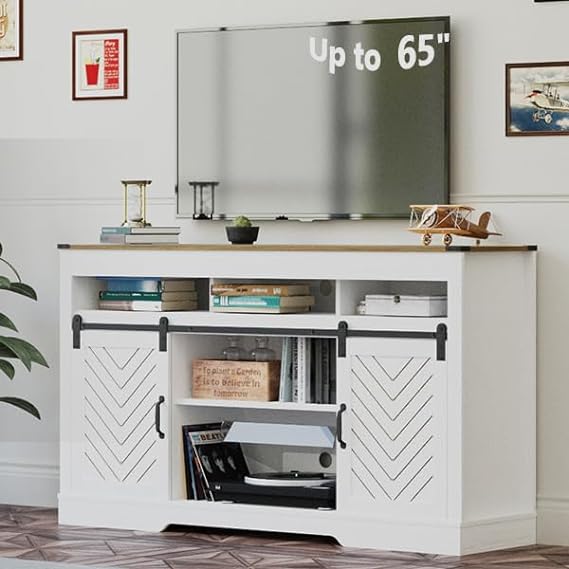 Royalcraft Farmhouse TV Stand for 65+ Inch TV, 34'' White Entertainment Center with Sliding Barn Doors,  Wood  Cabinet Television Stands