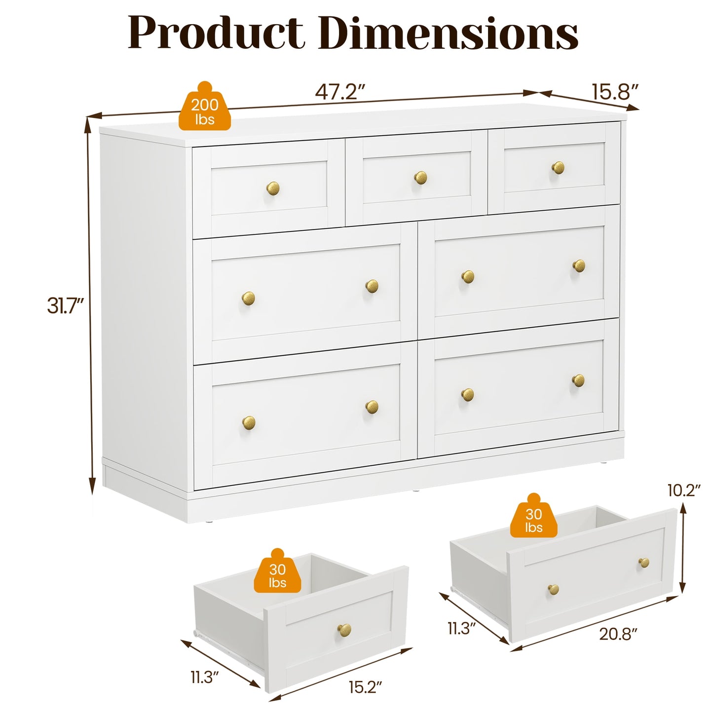 May in Color Dresser for Bedroom with 7 Drawers, Wood Drawer Organizer for Bedroom, Living Room, Hallway, White