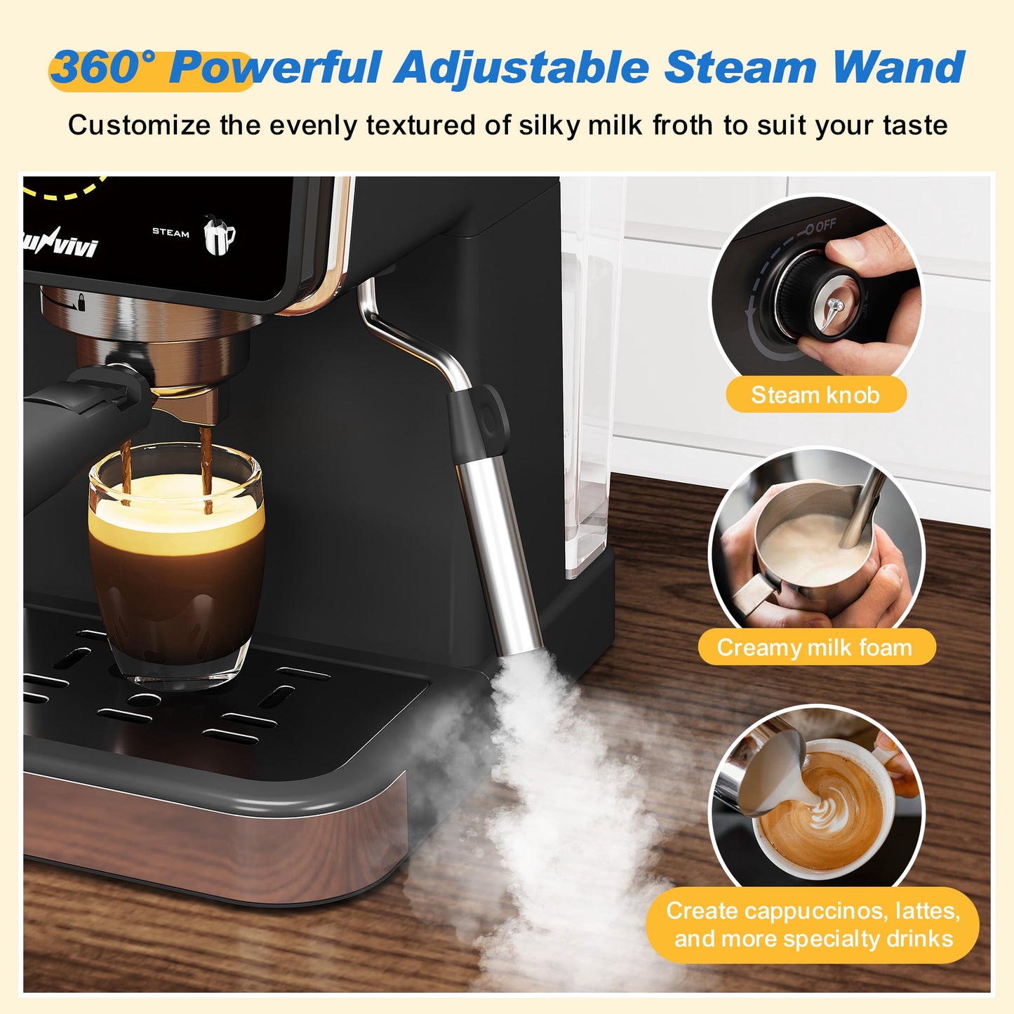 Heynemo 20 Bar Espresso Machine, 3-in-1 Hot & Iced Coffee Maker with Milk Frother, LED Touch Control, Removable 52oz Water Tank