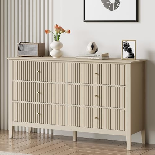 Heynemo Beige 6 Drawer Dresser, Fluted Modern Wood Chest of Drawers, Long Dresser for Bedroom TV Stand Storage Cabinet for Living Room,Beige