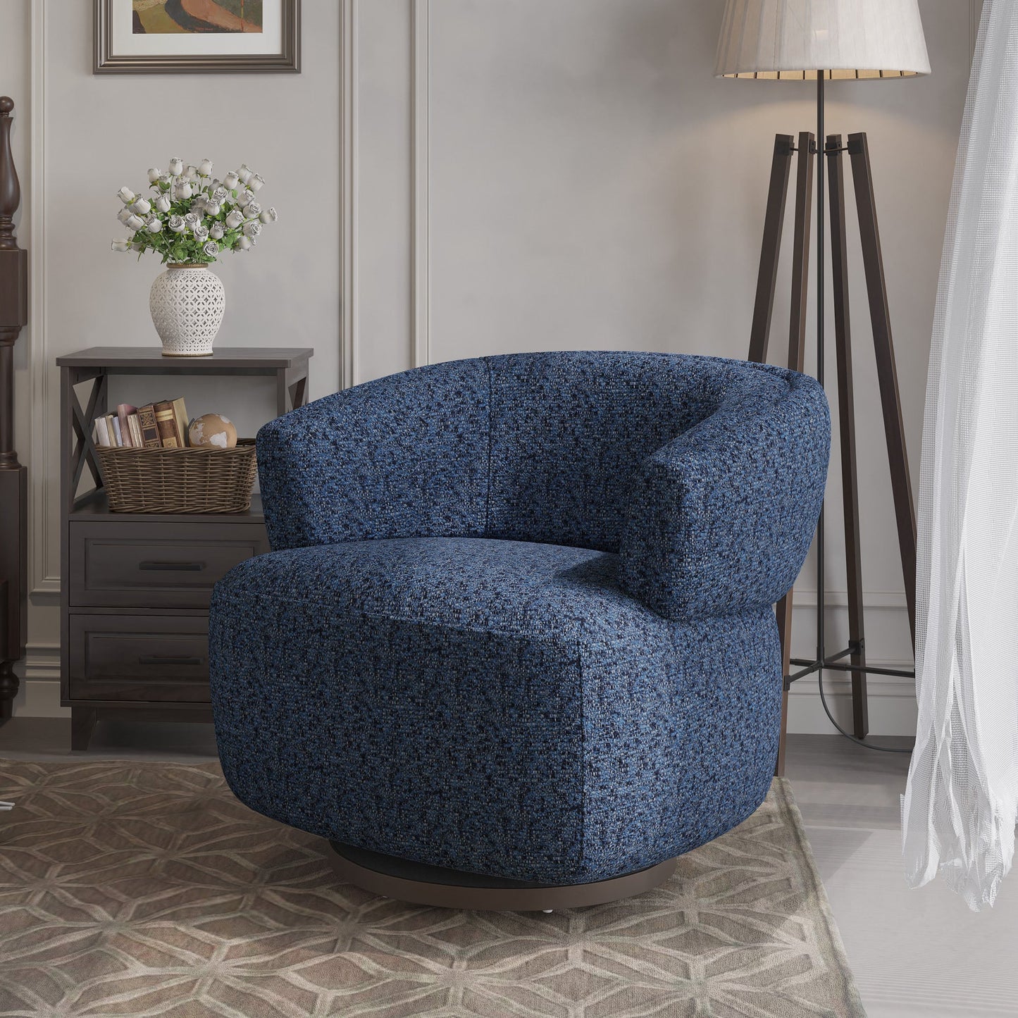 Swivel Accent Chair, Fully Assembled Round Barrel Chairs, Oversized Upholstered Armchair with 360-Degree Base, Modern Club Chair for Living Room, Bedroom, Office