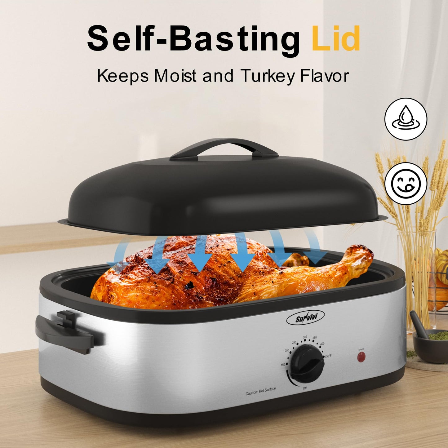 Superjoe 14 QT Electric Roaster Oven, with Self-Basting Lid, Stainless Steel Roaster Pan, Silver