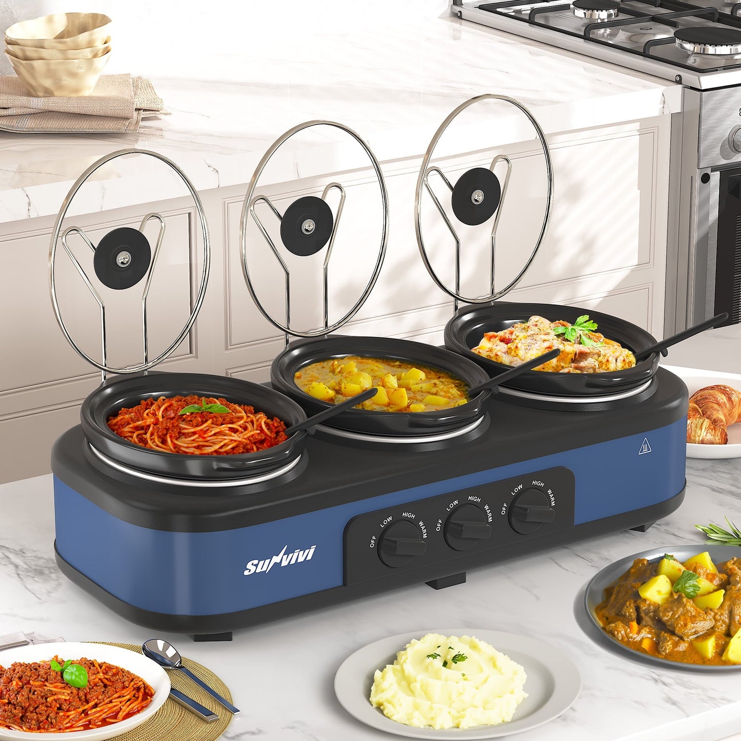 Sunvivi Triple Slow Cooker Food Warmer, 3 Removable Ceramic Pots (2.5 QT Each), Adjustable Temp & Stainless Steel Lids, Blue