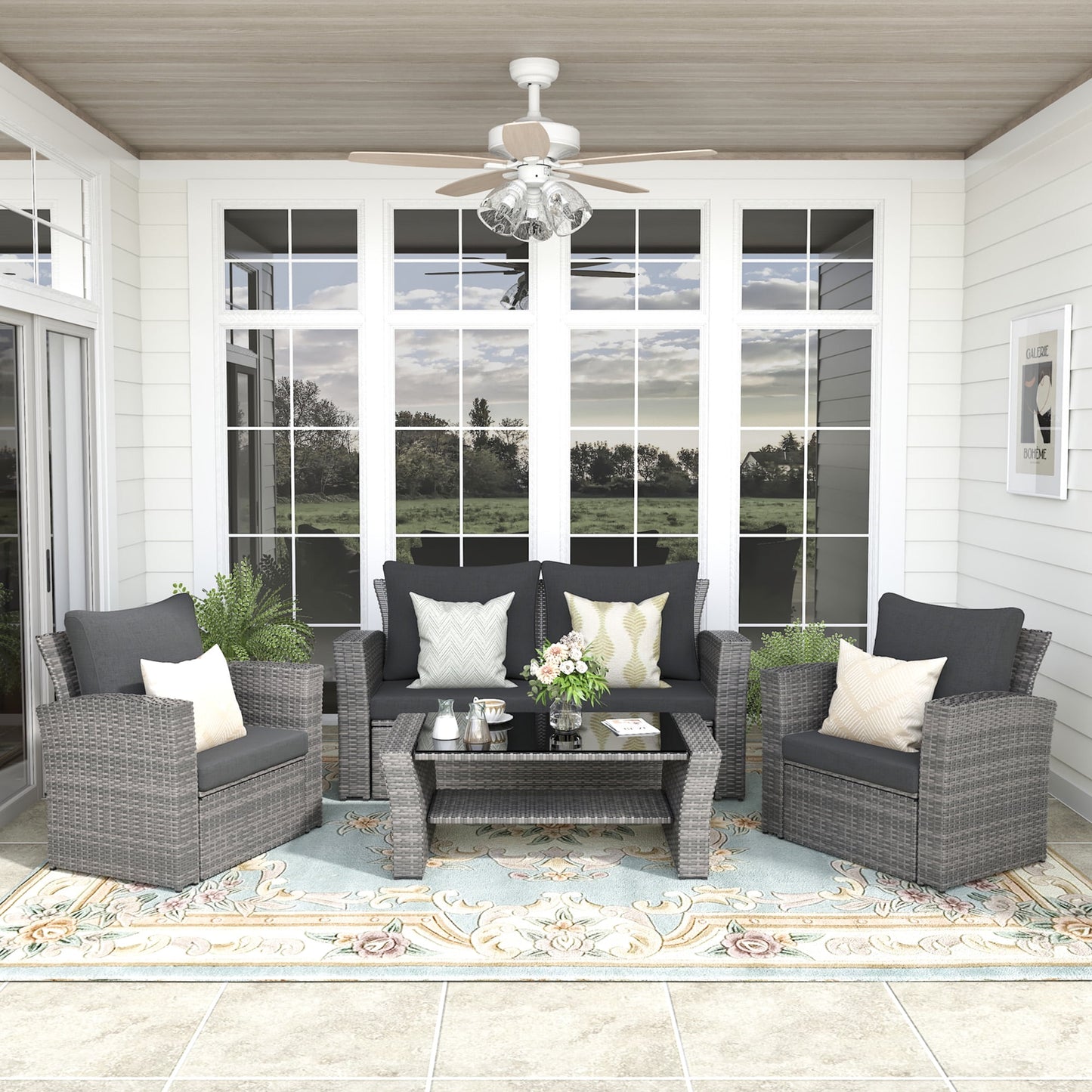 Superjoe 4 Pcs Outdoor Patio Furniture Sets, Wicker Rattan Conversation Set, Gray Rattan Black Cushion