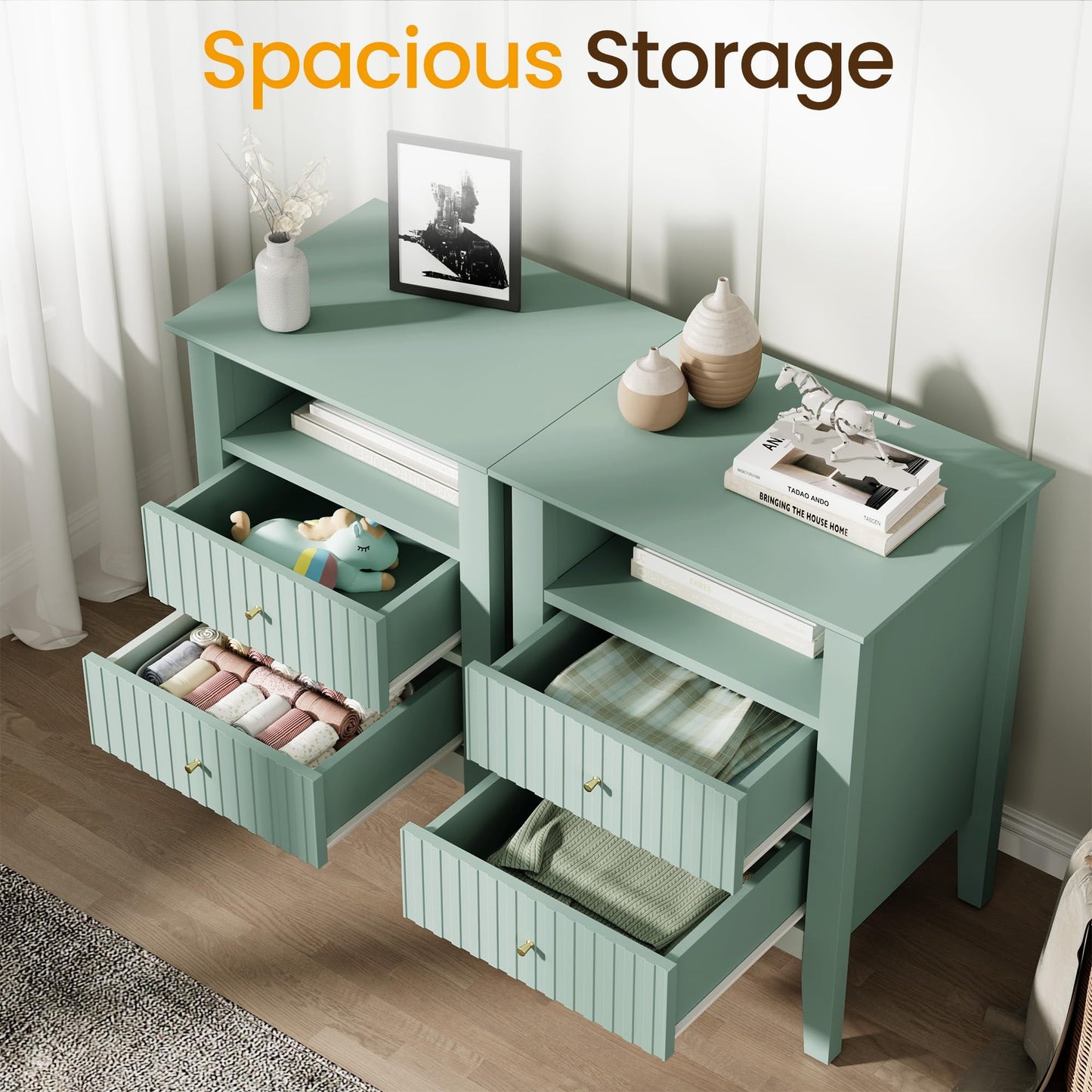 May in Color Green Fluted Nightstand with 2 Drawers Set of 2, Modern Wooden Sofa Table with Storage for Small Spaces, Tall End Table for Bedroom,Living Room, Couch Coffee Table