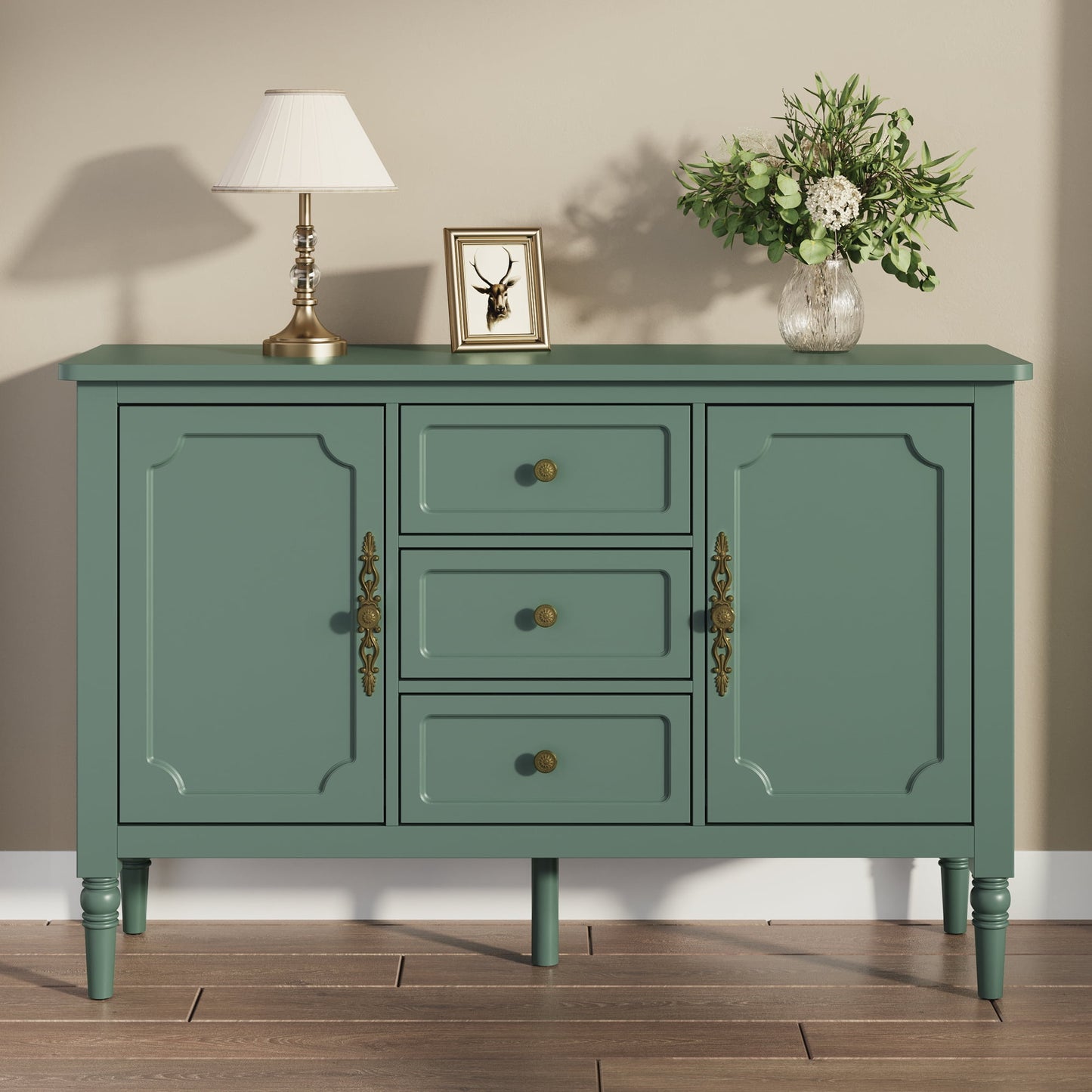 May in Color Storage Cabinet with 2 Doors & 3 Drawers, Mid-Century Sideboard Cabinet with Adjustable Shelves, Wood Buffet Cabinet with Turned Legs, Ideal for Entryway, Living Room, Dining Room, Green
