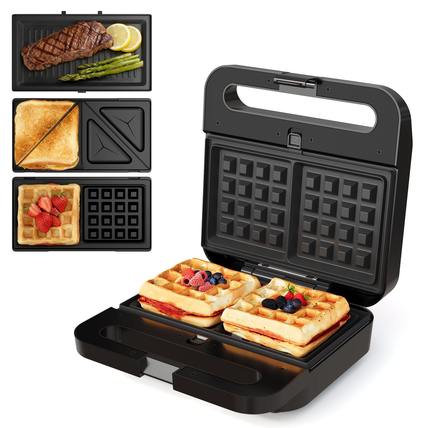 Heynemo Versatile 3-in-1 Waffle Maker & Panini Press, 1000W Electric Sandwich Maker with Removable Non-Stick Plates, Tempered Glass Lid, Cool Touch Handle & Easy Cleanup-2