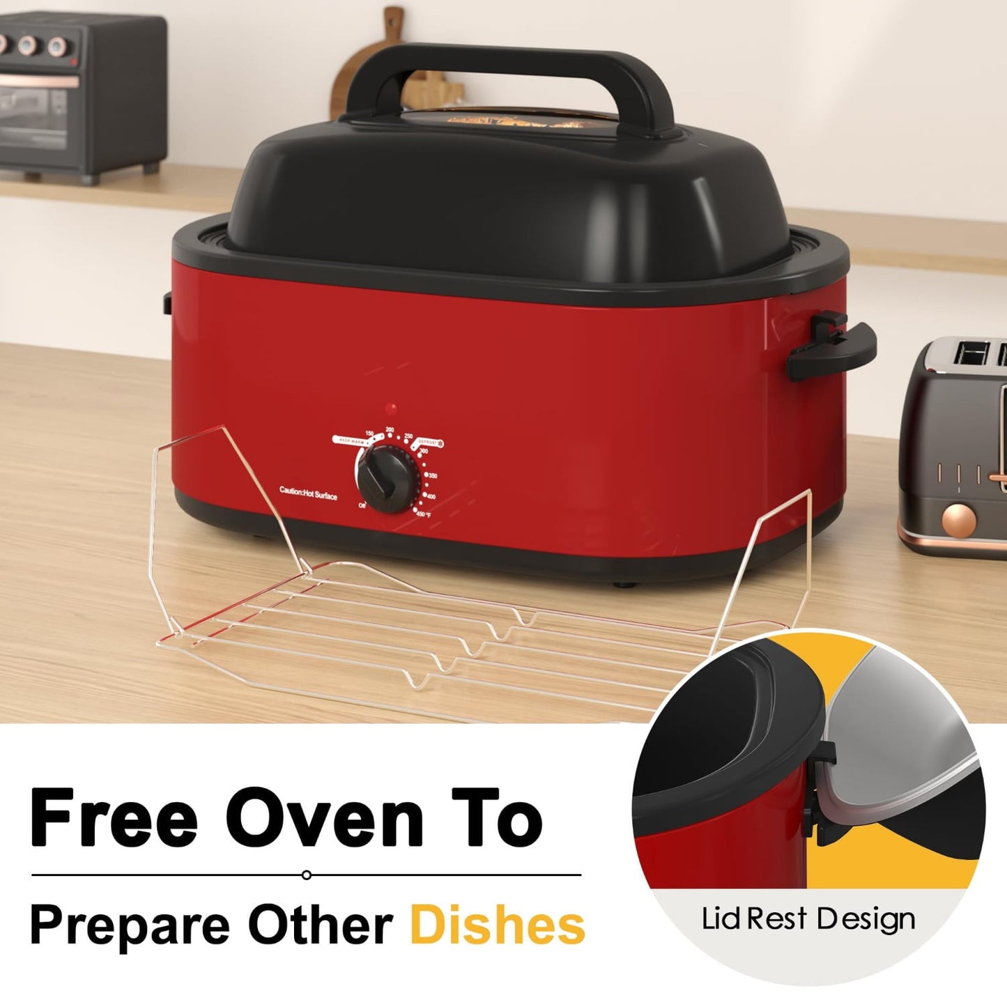 Superjoe 22 Quart Electric Roaster Oven with Visible & Self-Basting Lid, Large Turkey Roaster with Defrost Warm Function, Adjustable Temperature, Removable Pan Rack, Stainless Steel, Red