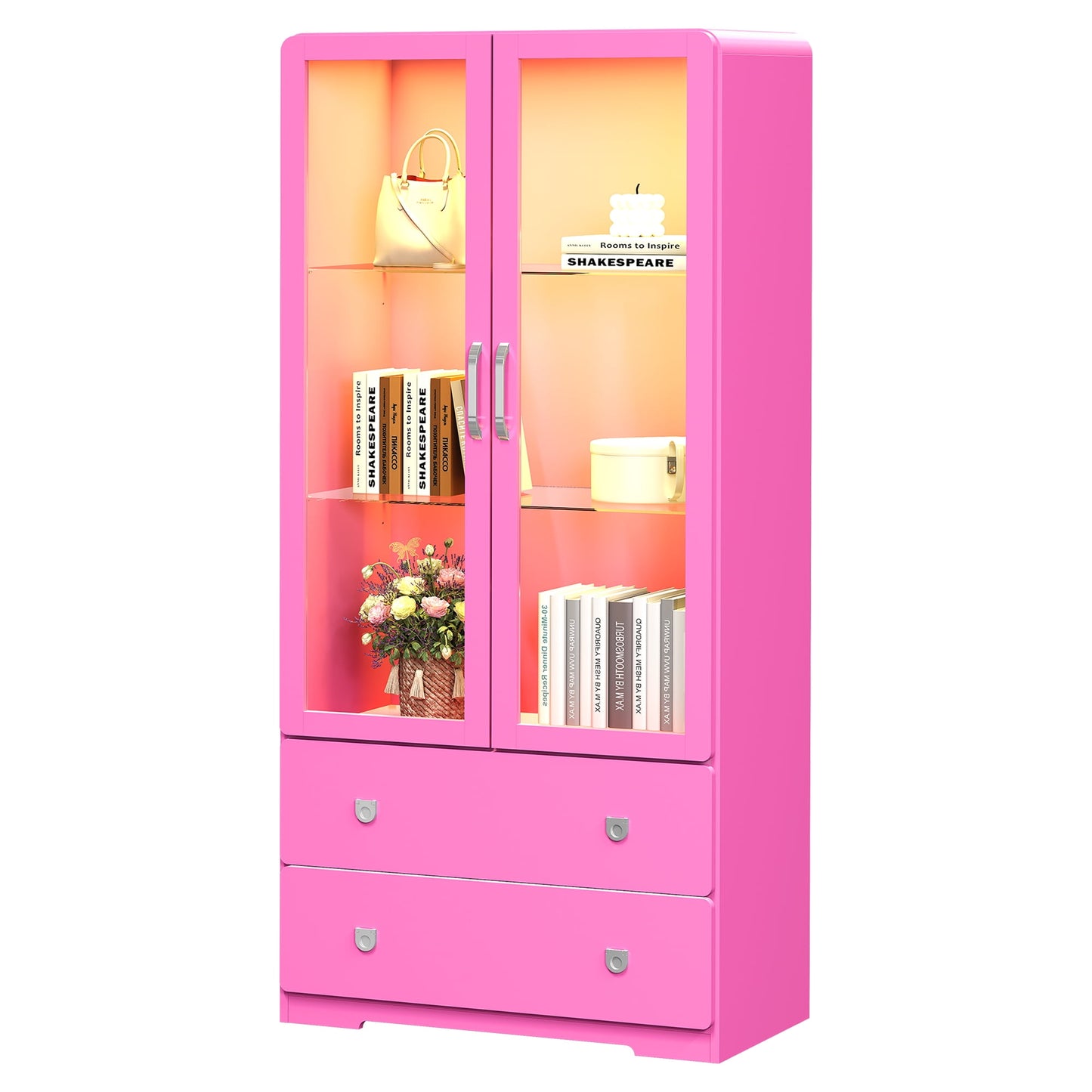 Heynemo 64'' Tall Display Cabinet with Acrylic Doors and LED Lights, Pink