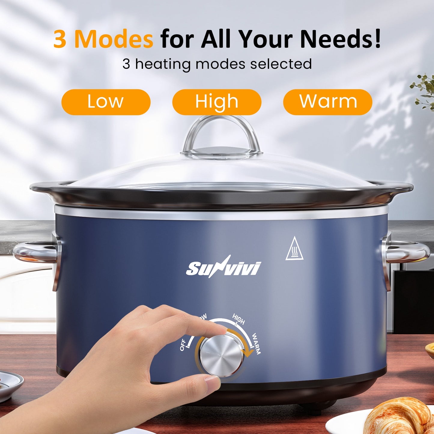 Heynemo 4QT Compact Slow Cooker & Food Warmer with 3 Temperature Settings, Removable Ceramic Pot, Dishwasher-Safe Glass Lid, Stainless Steel - Blue