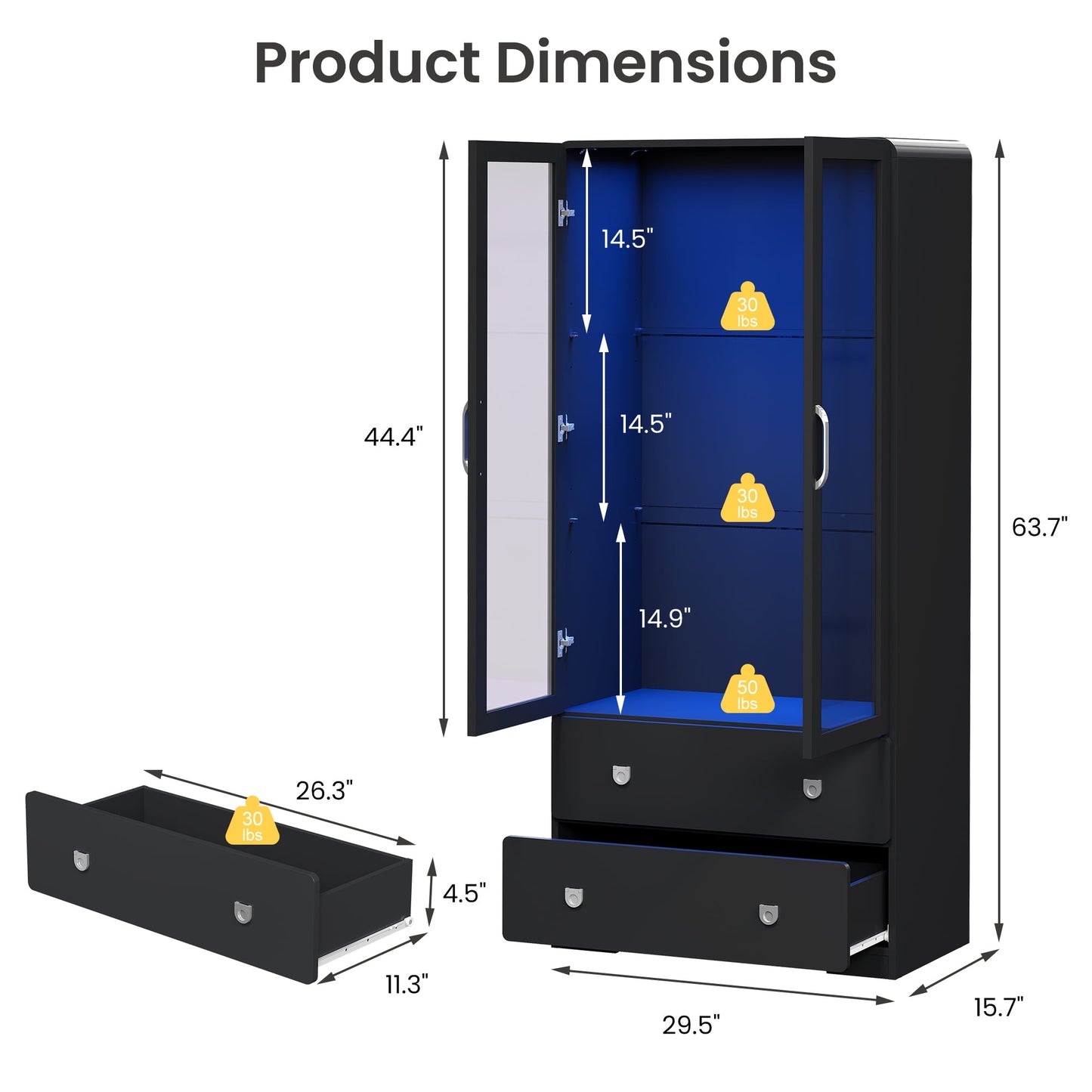Heynemo 64'' Tall Display Cabinet with Acrylic Doors and LED Lights, Black
